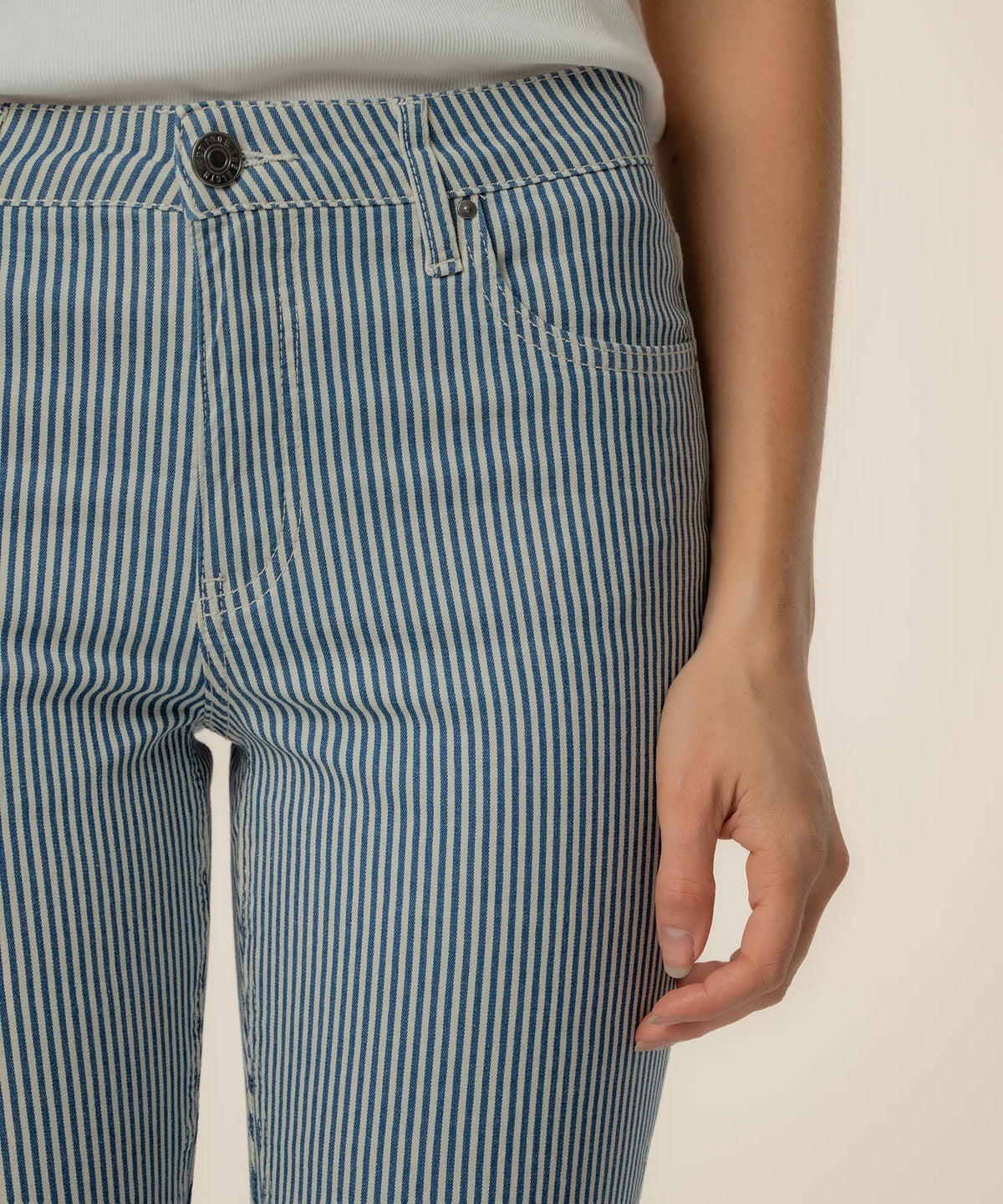 KUT Kelsey Twill Stripe High Rise Ankle Flare in Navy