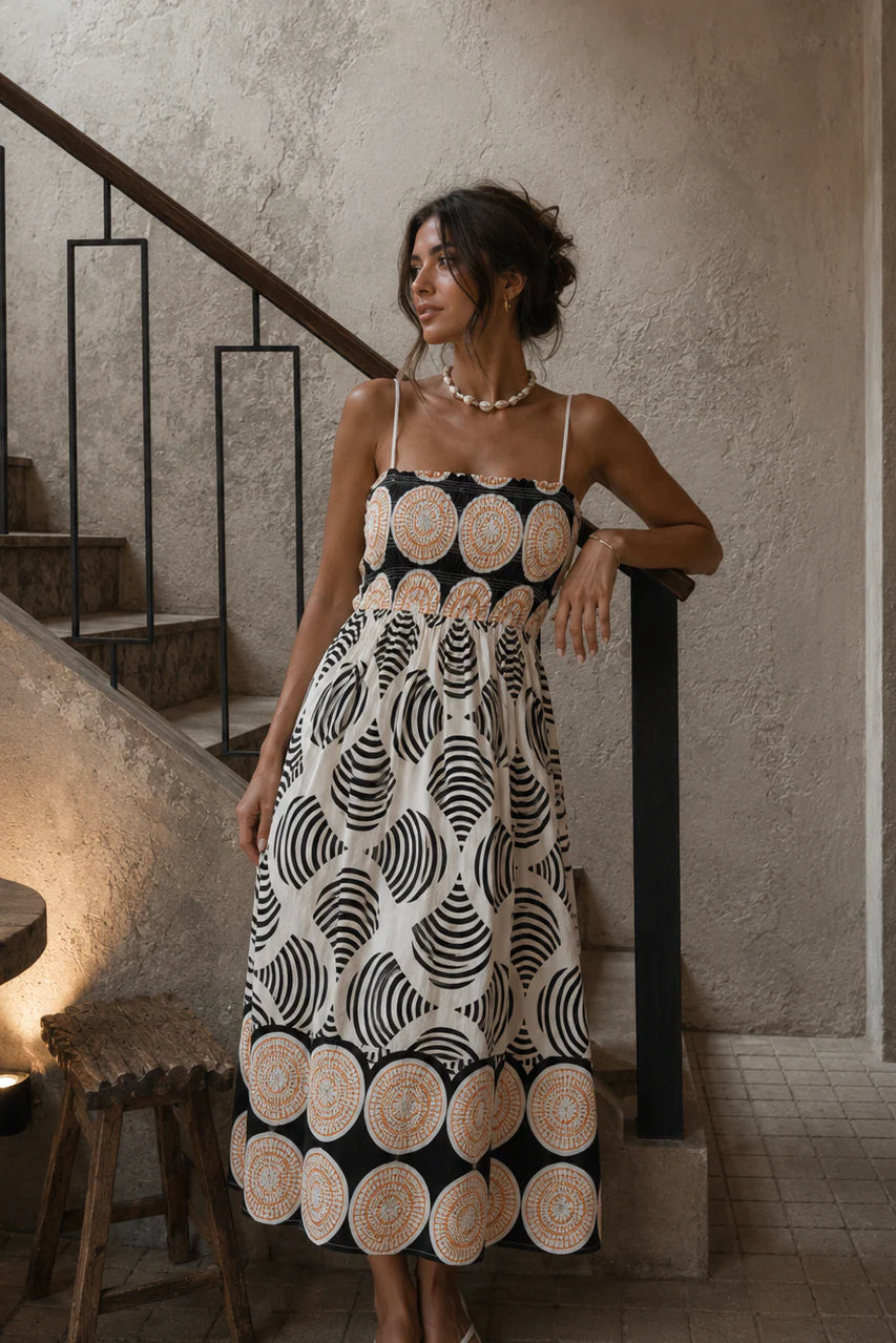 Santorini Smock Midi Dress in Midnight Shell
