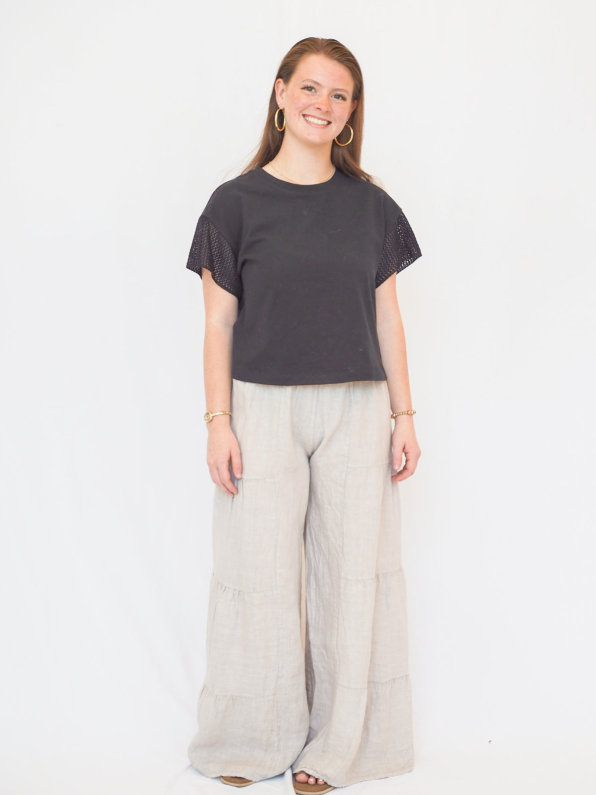 Linen Tiered Palazzo Pant in Beige