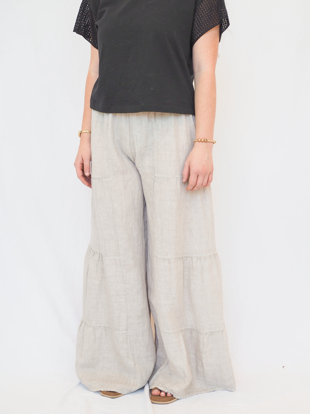 Linen Tiered Palazzo Pant in Beige