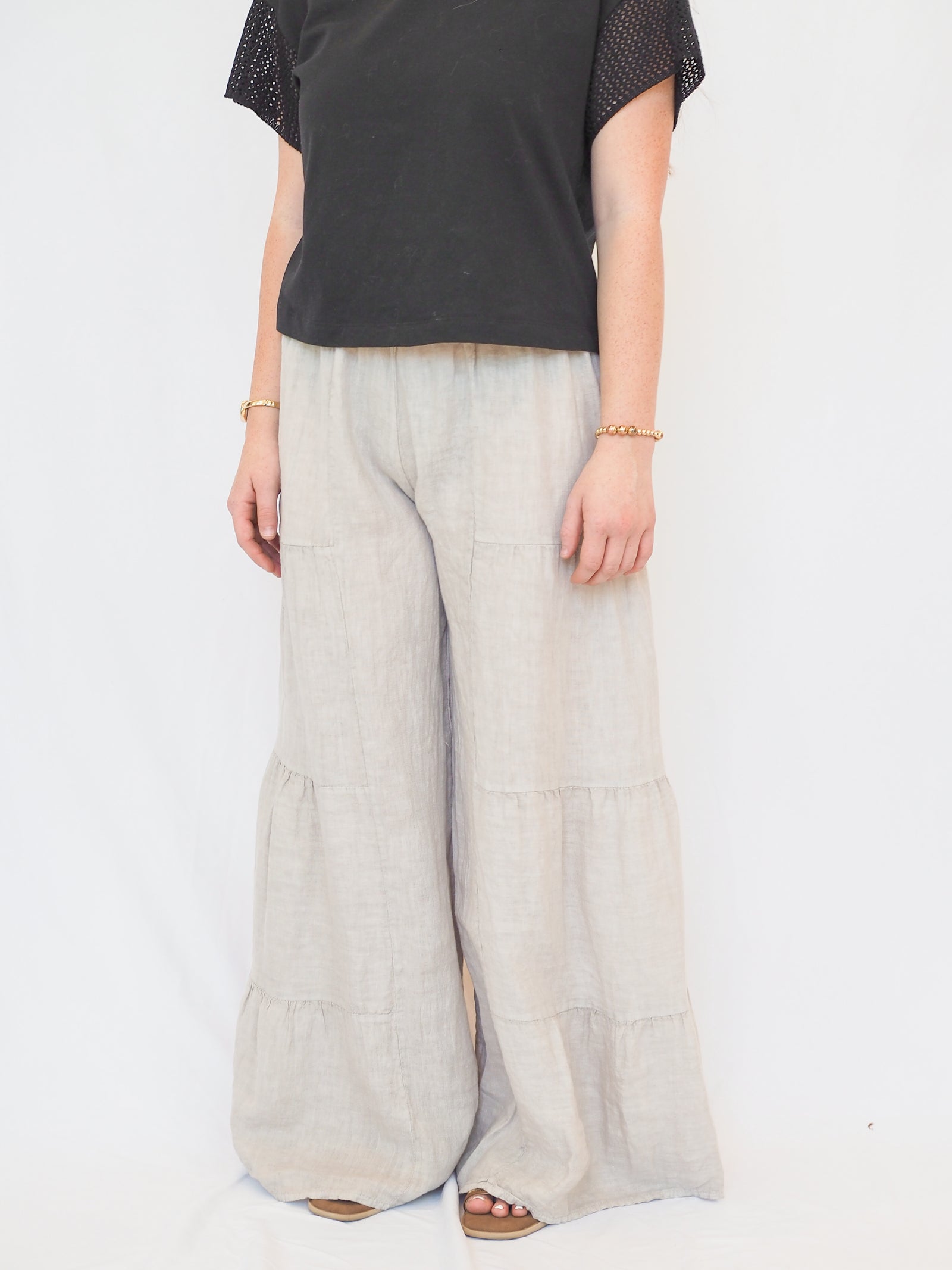 Linen Tiered Palazzo Pant in Beige