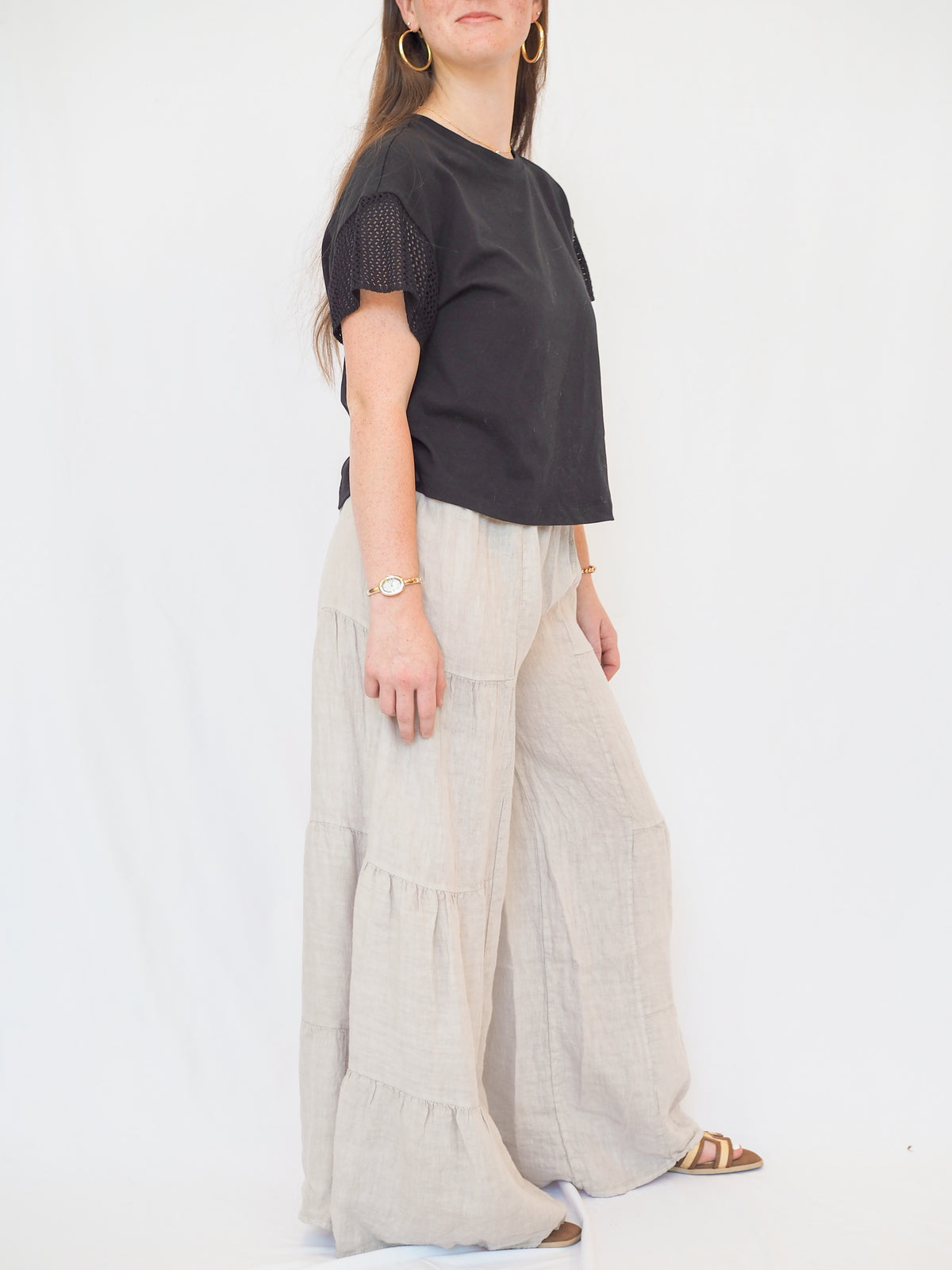 Linen Tiered Palazzo Pant in Beige