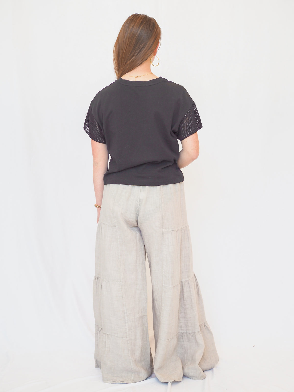 Linen Tiered Palazzo Pant in Beige