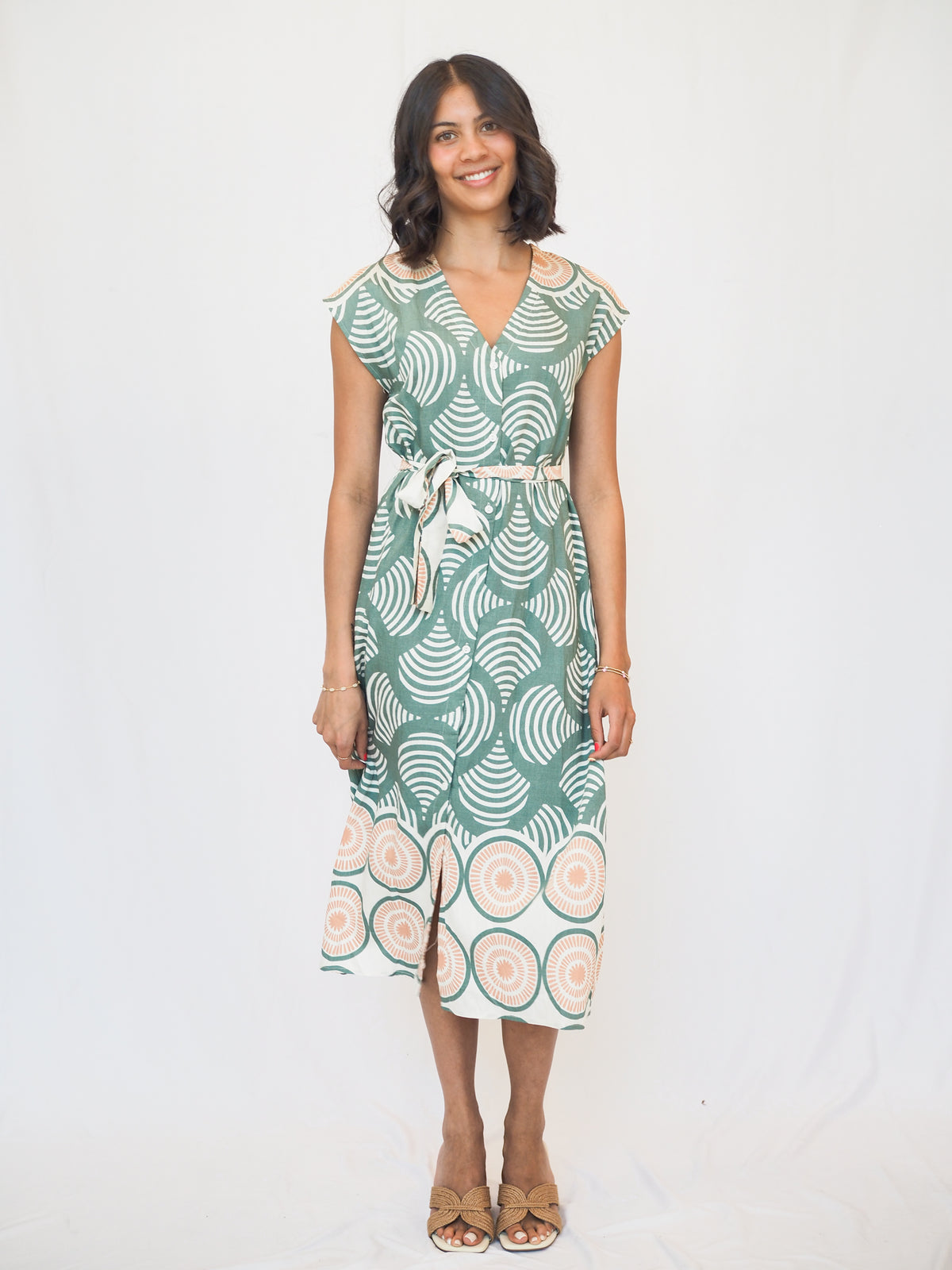 Santorini Button Down Dress in Olive Shell