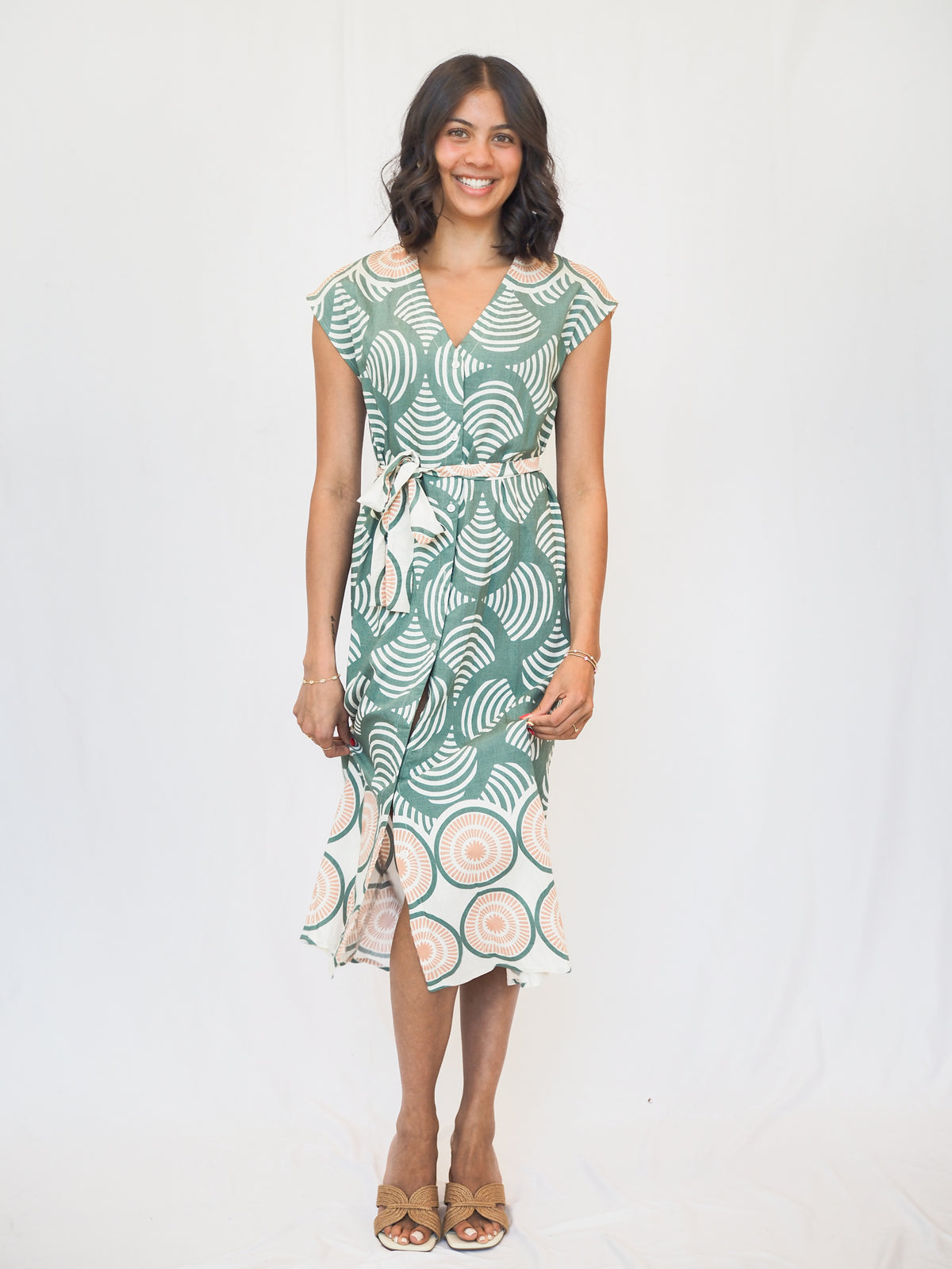 Santorini Button Down Dress in Olive Shell