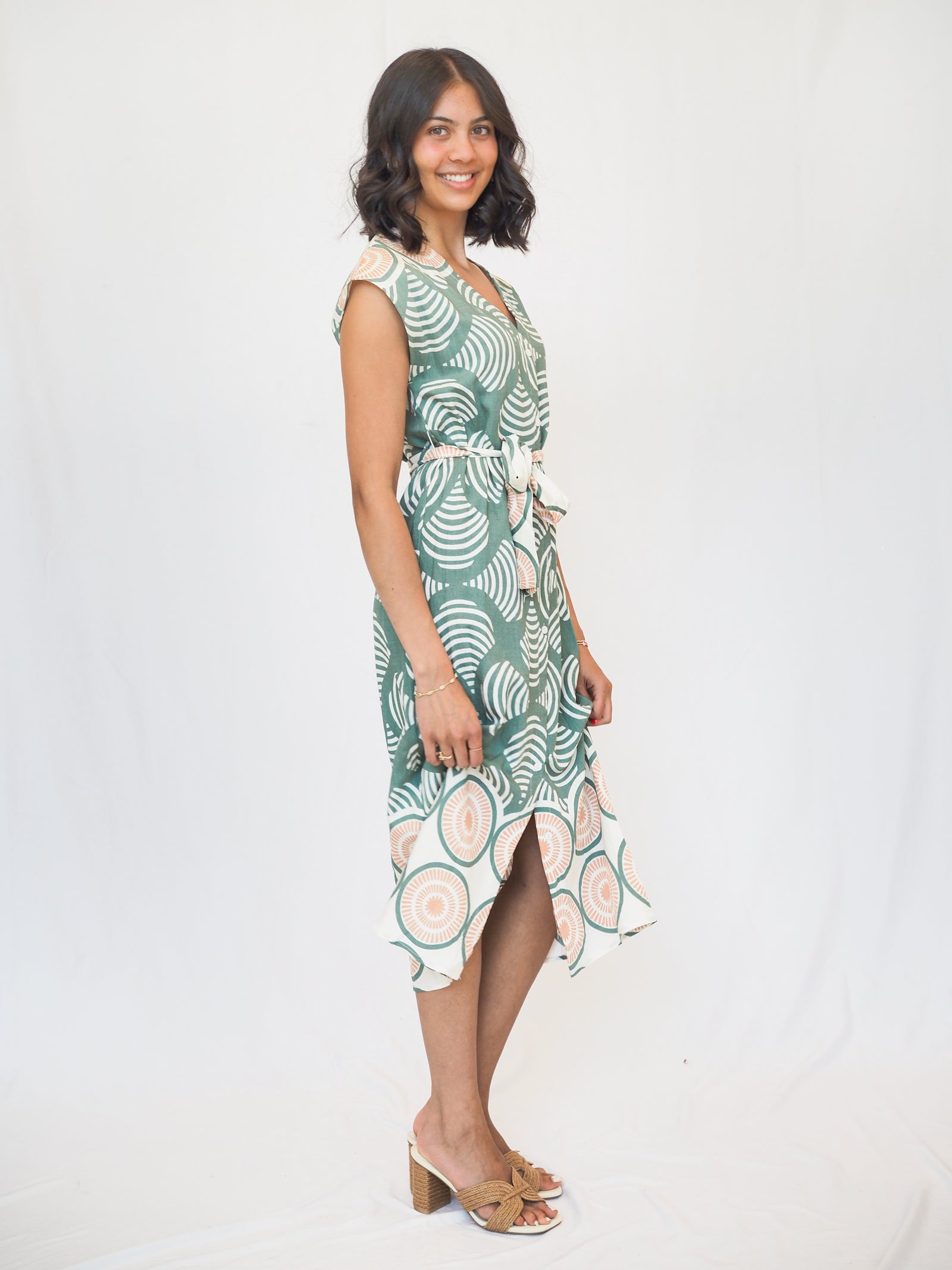 Santorini Button Down Dress in Olive Shell
