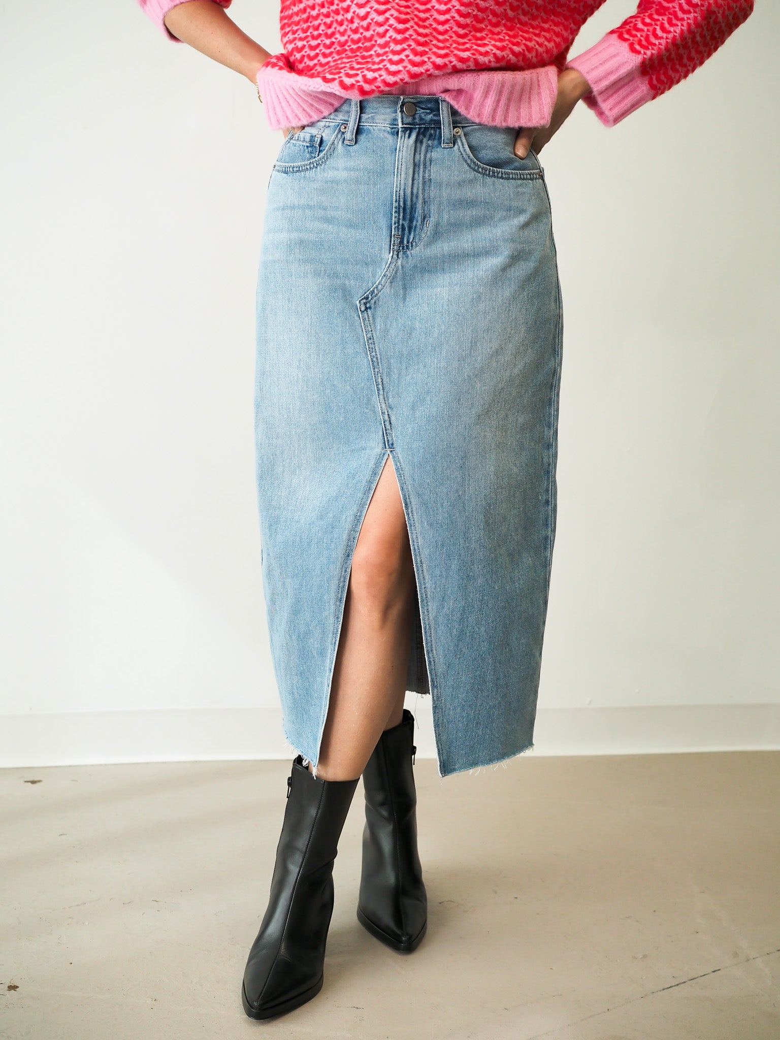 Grey Wash Pleated Denim Midi Skirt | Sanjani – motelrocks-com-aus