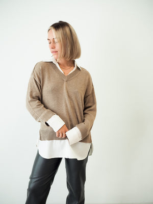 Gilmore White Blouse Tan Sweater