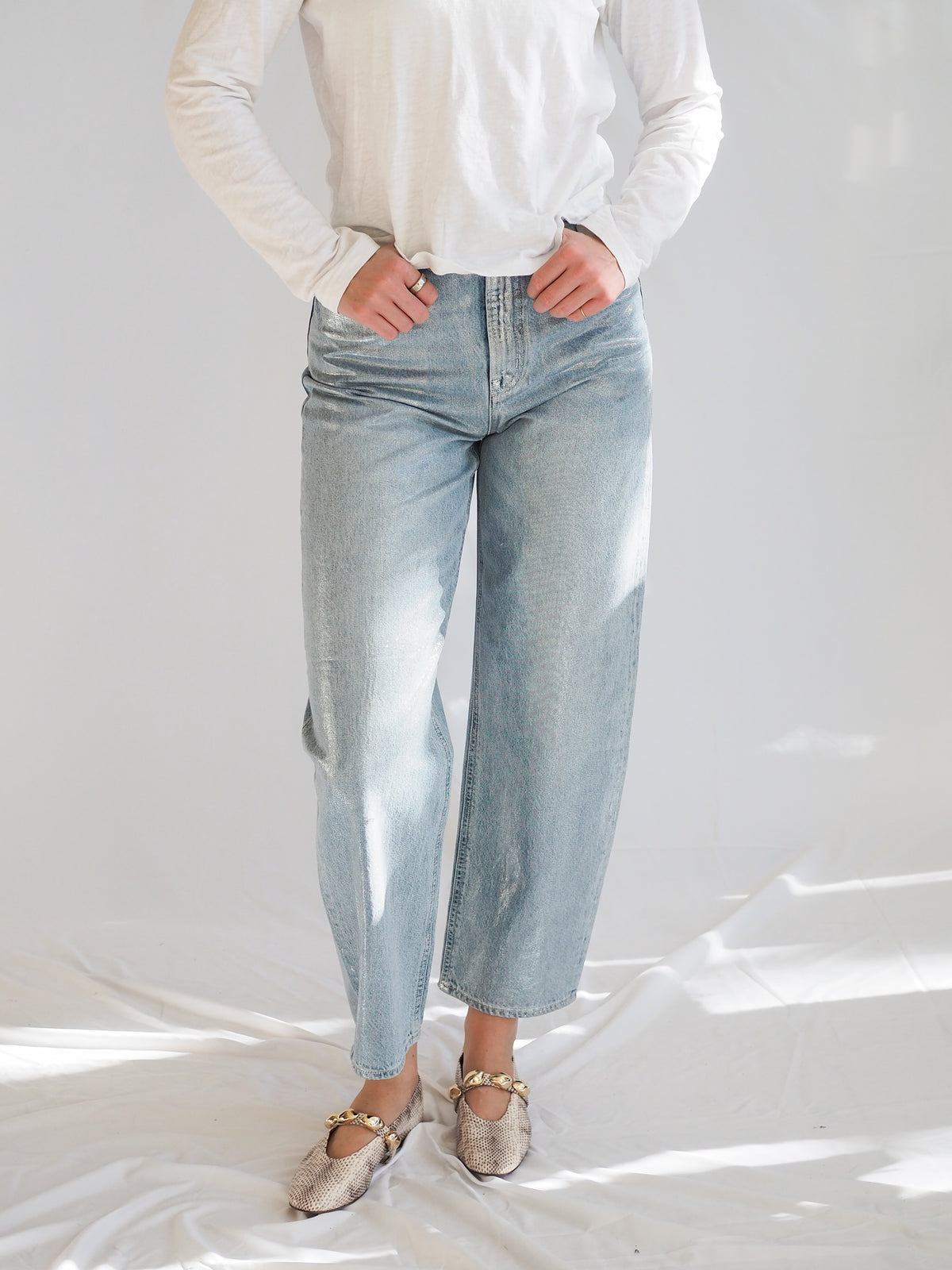 Pistola Wes Metallic Denim Bowed Jeans In Spellbound