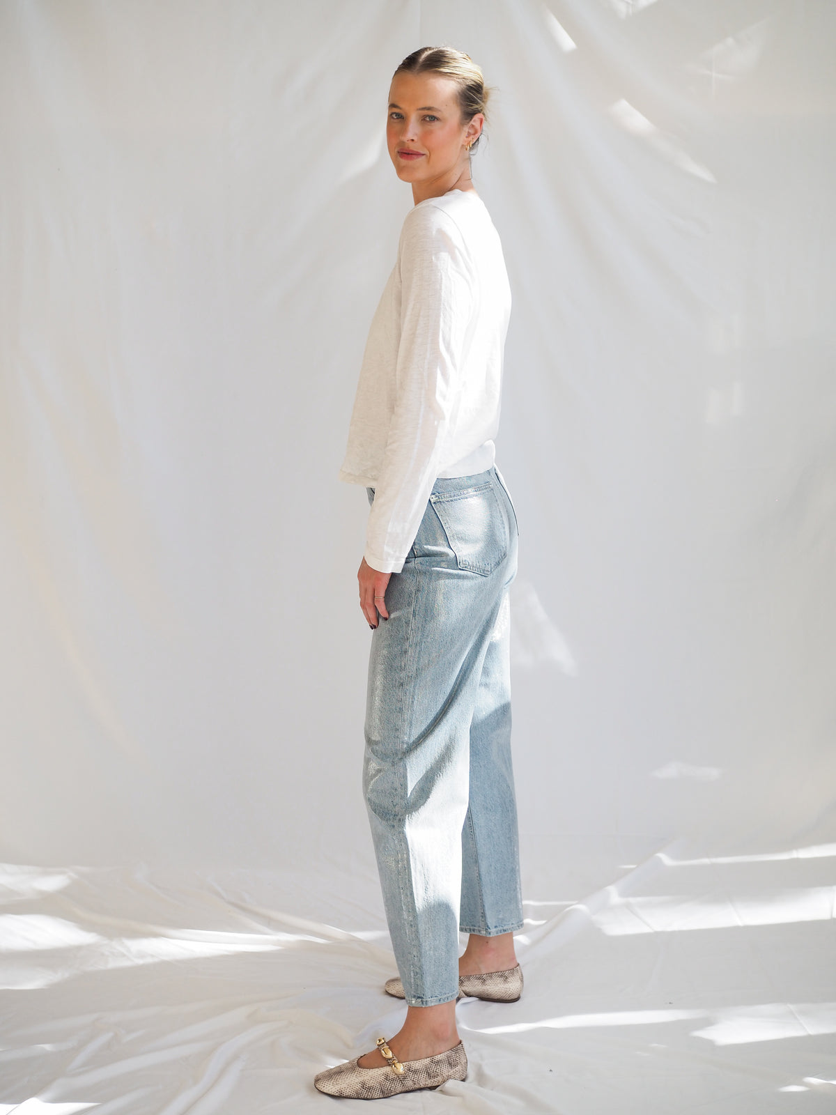 Pistola Wes Metallic Denim Bowed Jeans In Spellbound