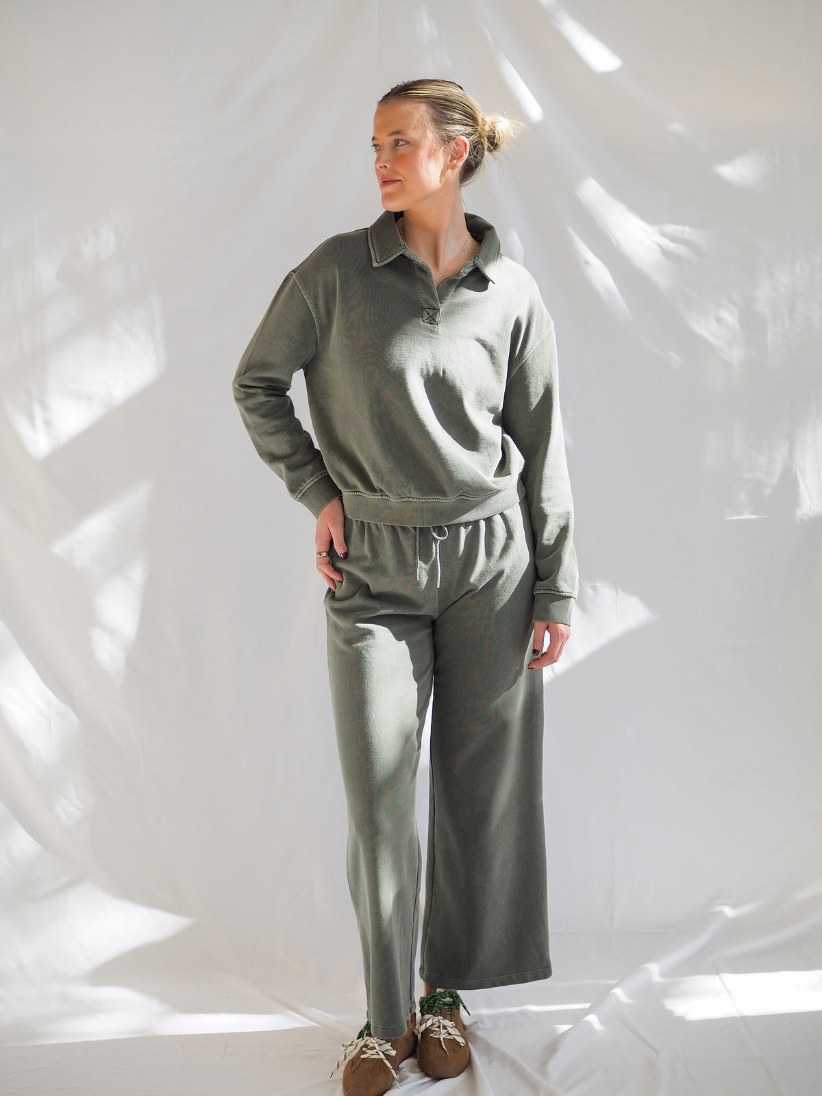 Acid Wash Wide Leg Cotton Fleece Pants