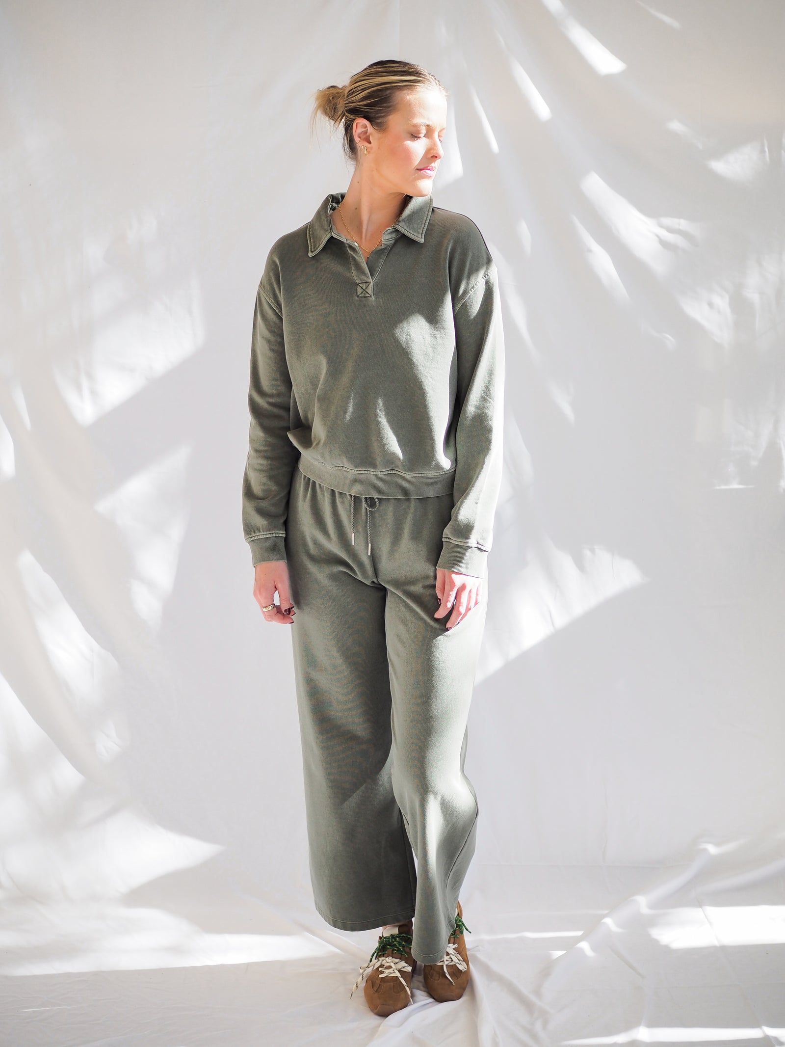 Acid Wash Wide Leg Cotton Fleece Pants