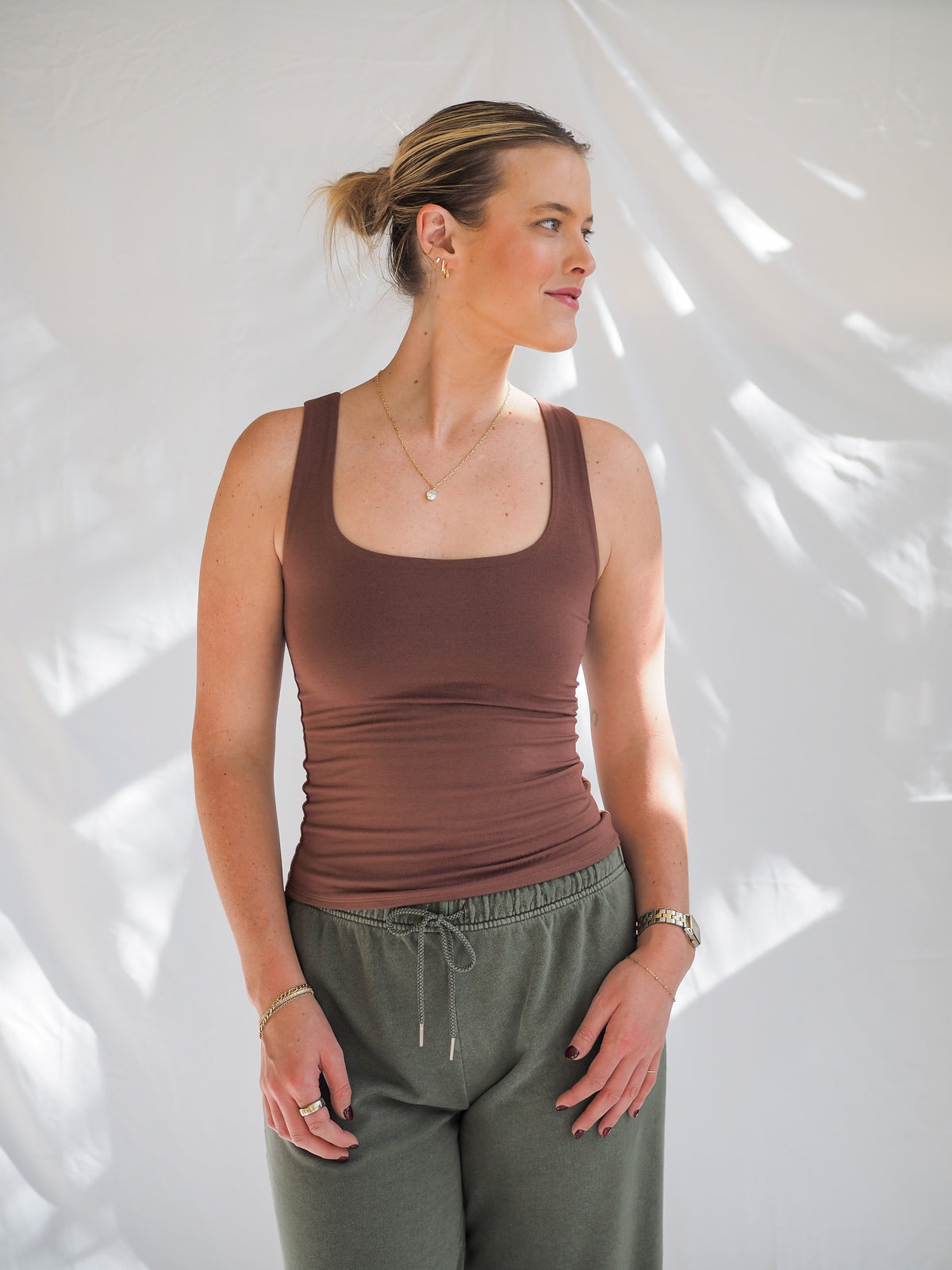 Soft Core-Double Lined Basic Square Neck Tank in Chocolate