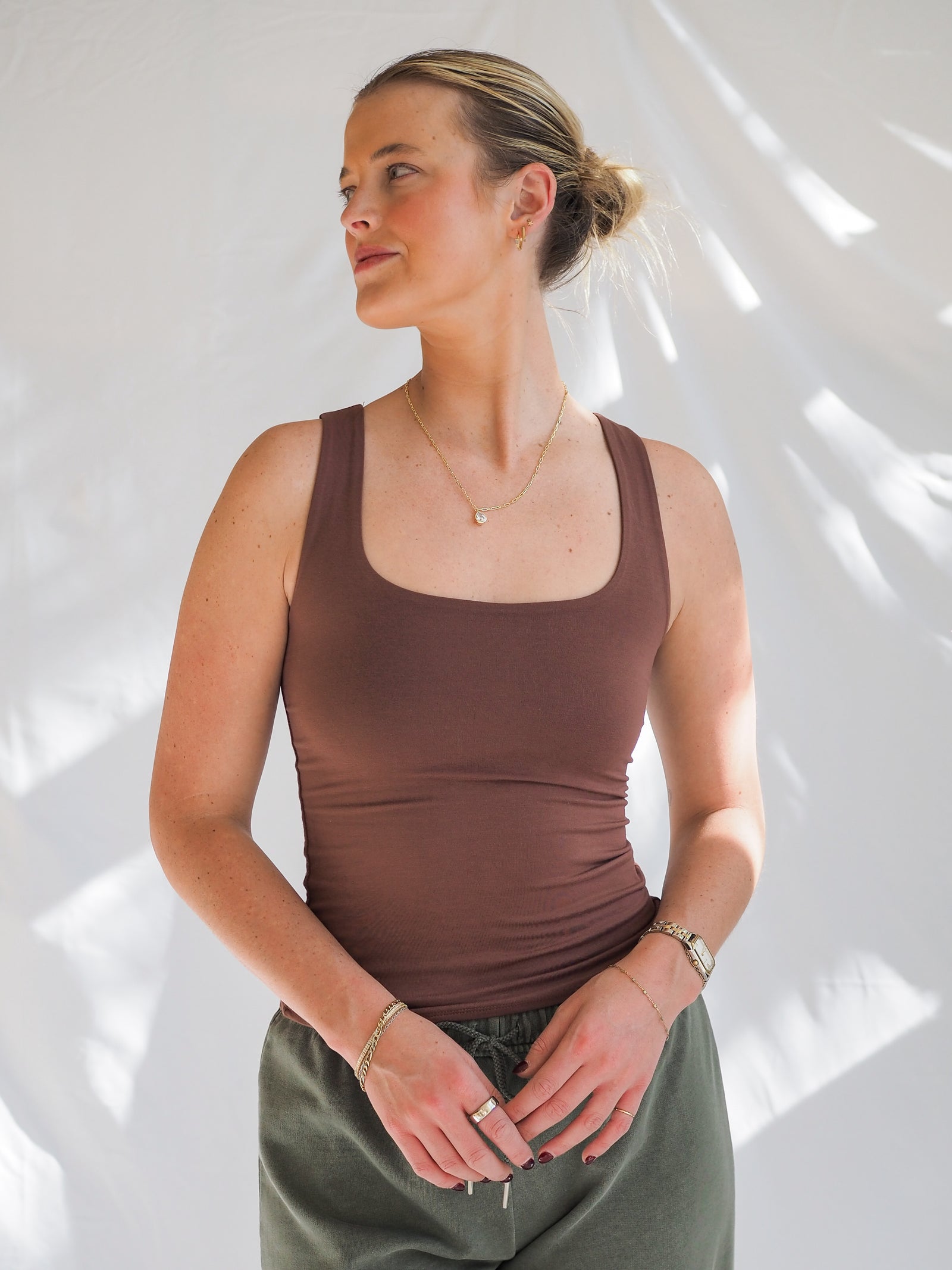 Soft Core-Double Lined Basic Square Neck Tank in Chocolate