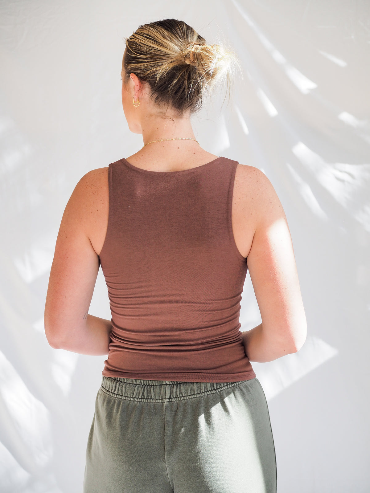 Soft Core-Double Lined Basic Square Neck Tank in Chocolate