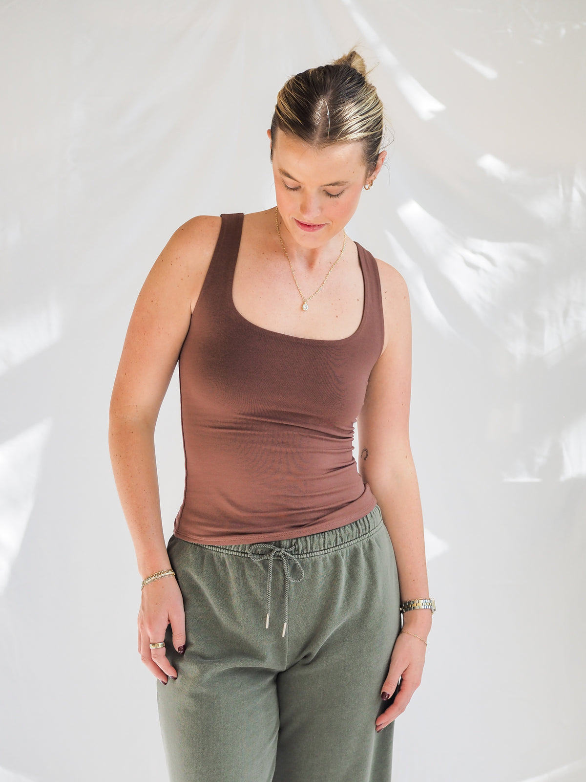 Soft Core-Double Lined Basic Square Neck Tank in Chocolate