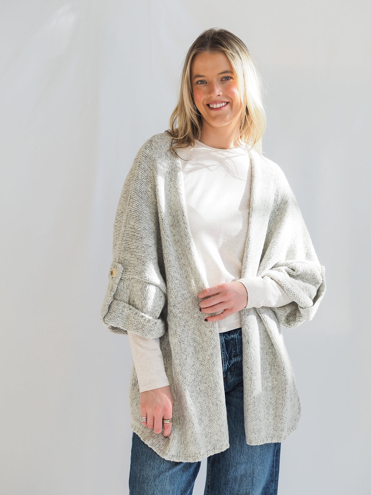 Kenzie Knit Folded Quarter Sleeve Open Front Cardigan