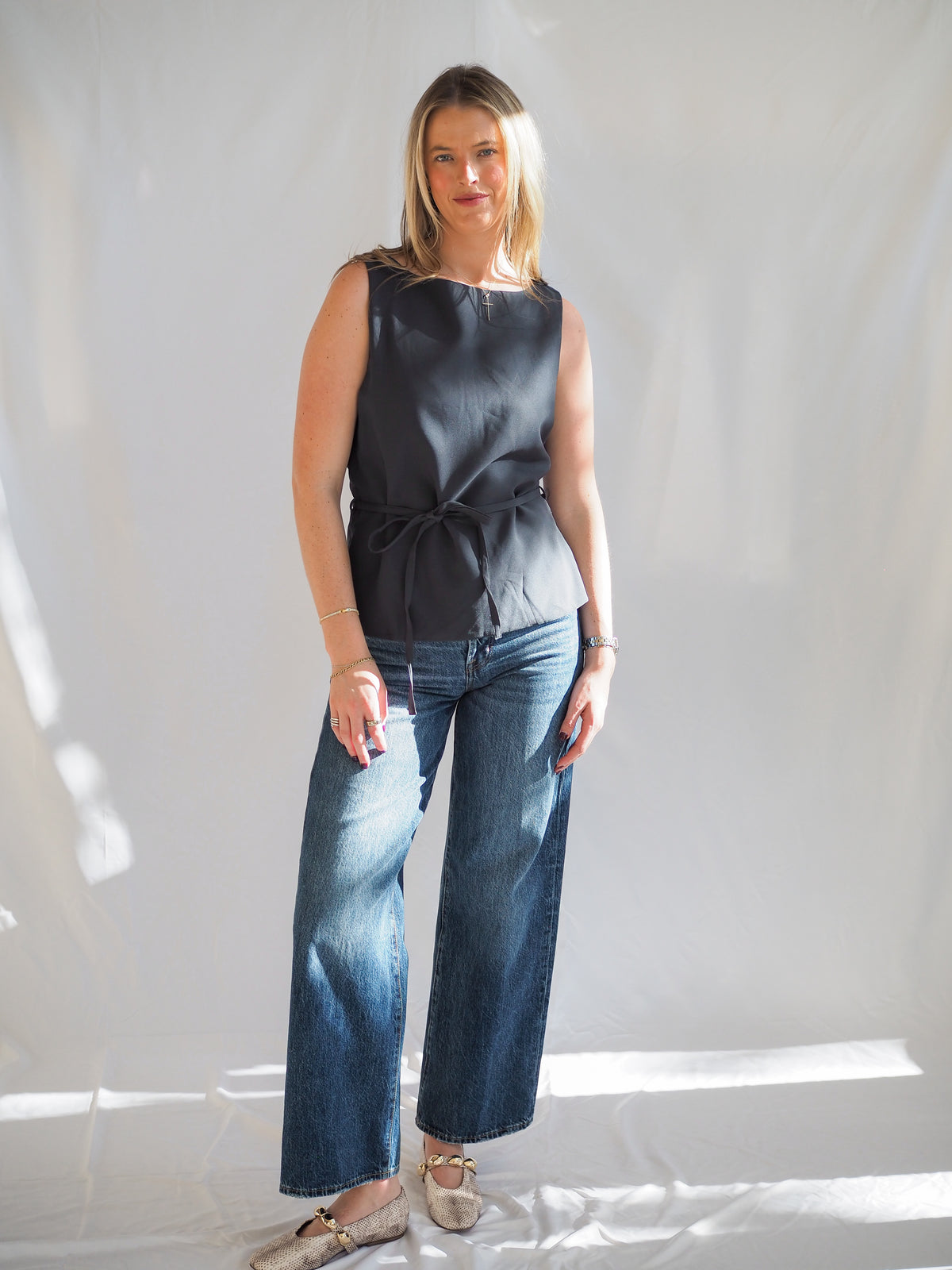 Jade Boat Neck Belted Top in Slate