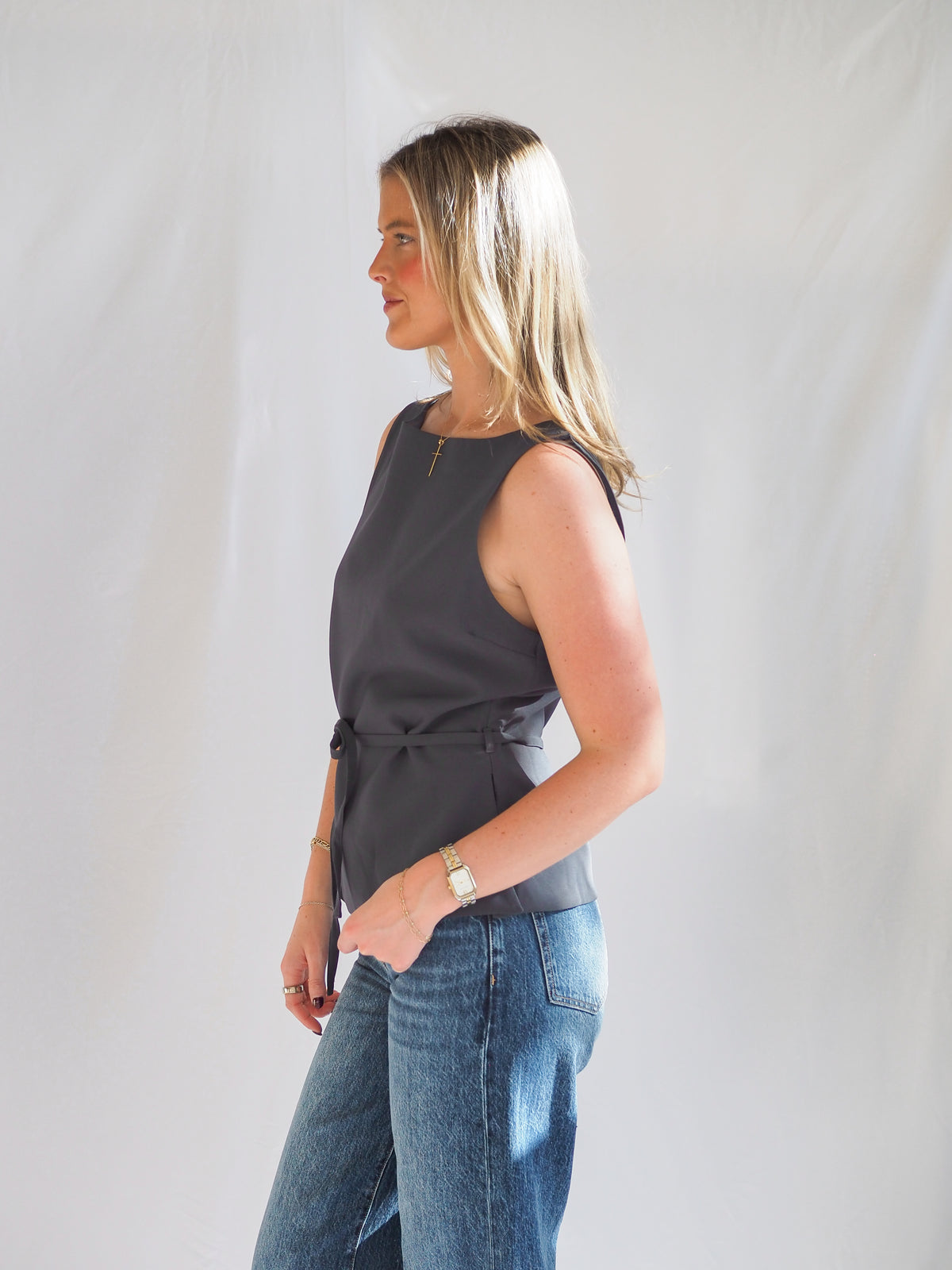 Jade Boat Neck Belted Top in Slate