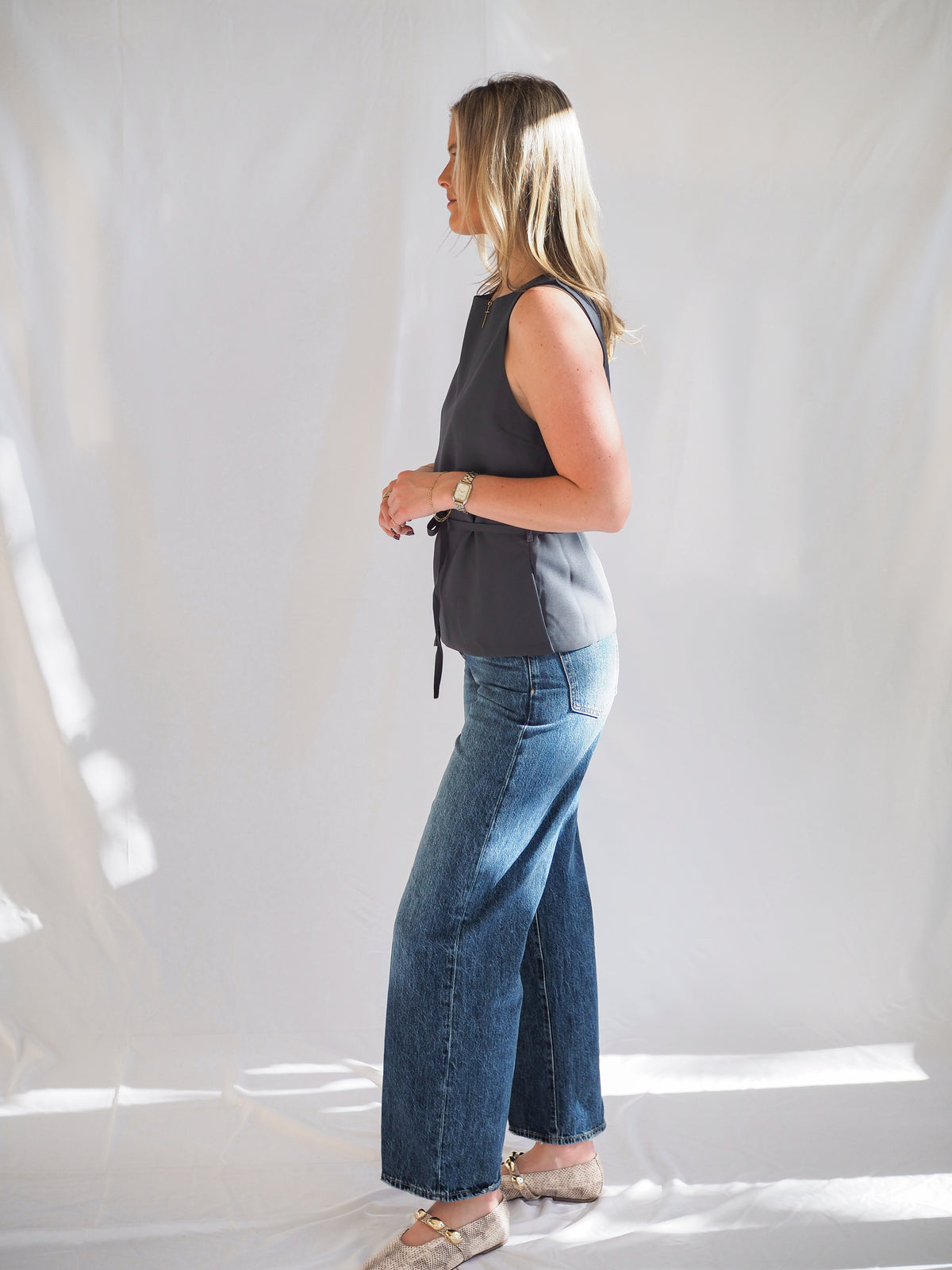 Jade Boat Neck Belted Top in Slate