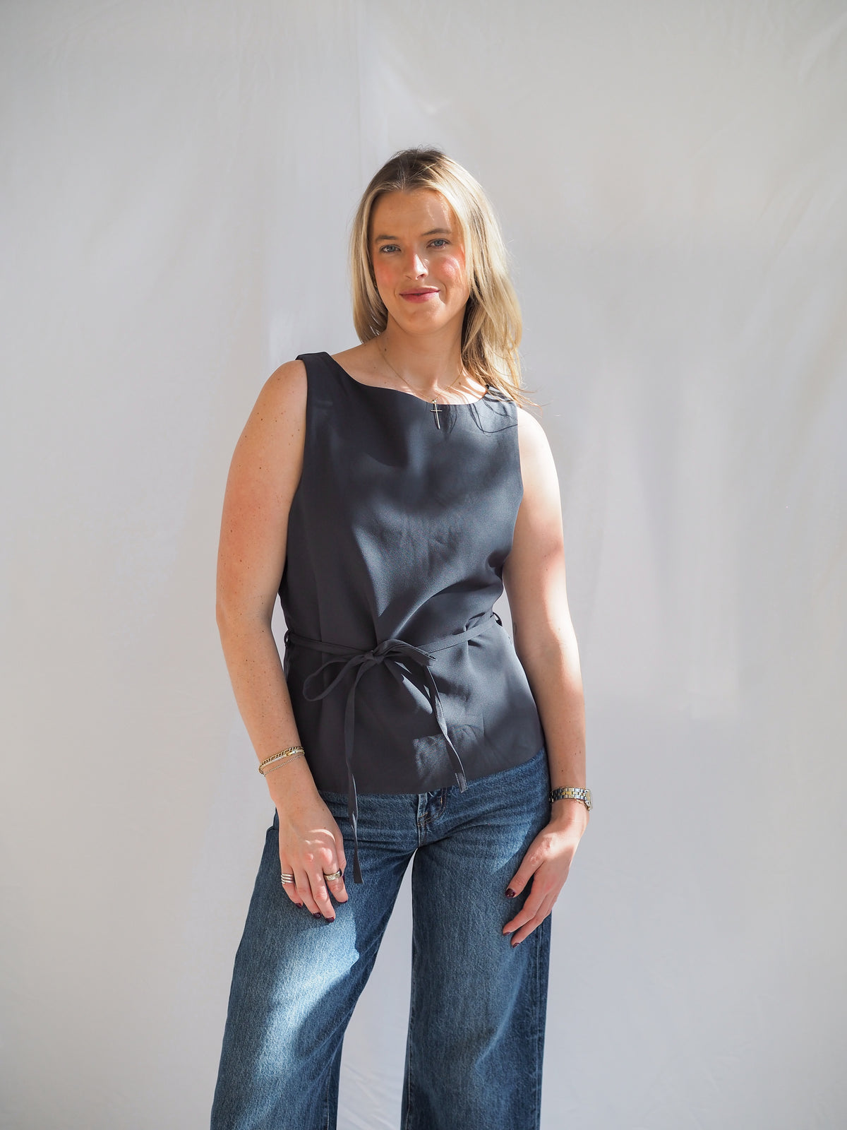 Jade Boat Neck Belted Top in Slate