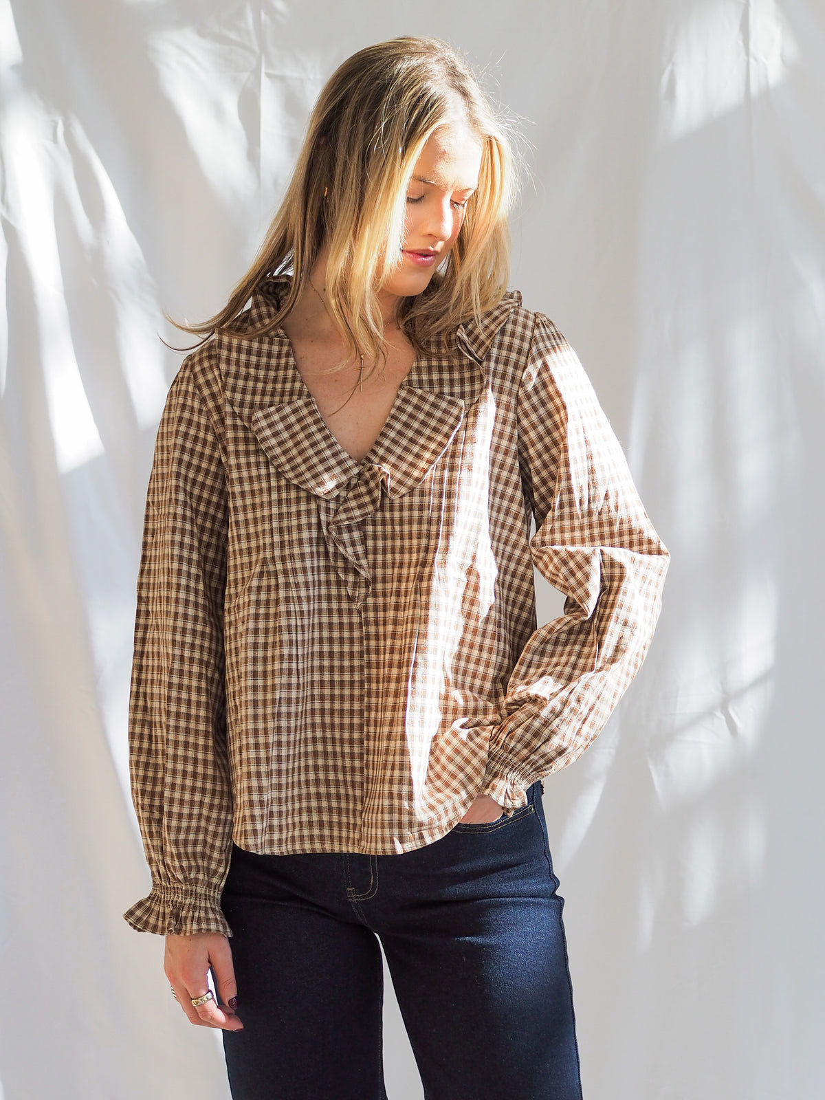 Beth Woven Cotton Gingham Ruffled Blouse