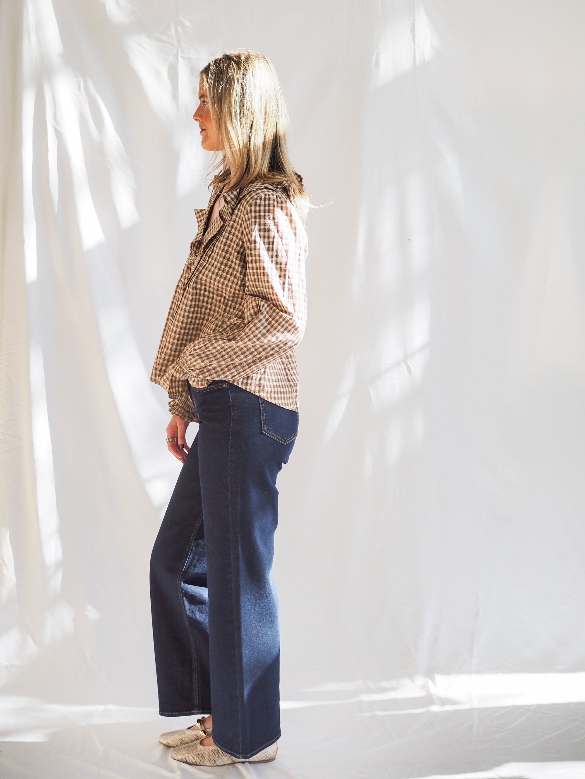 Beth Woven Cotton Gingham Ruffled Blouse