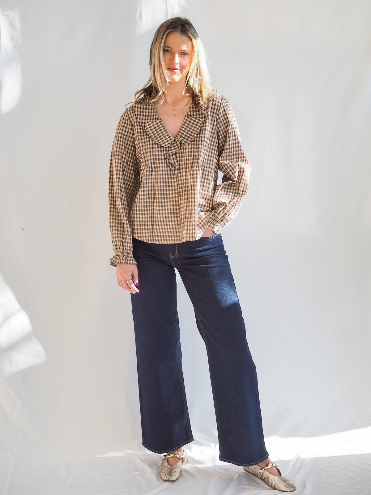 Beth Woven Cotton Gingham Ruffled Blouse