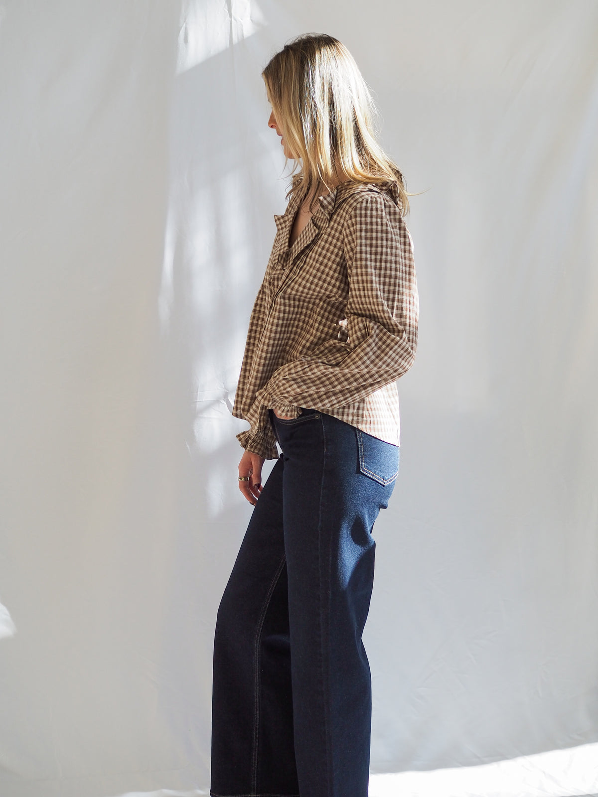 Beth Woven Cotton Gingham Ruffled Blouse