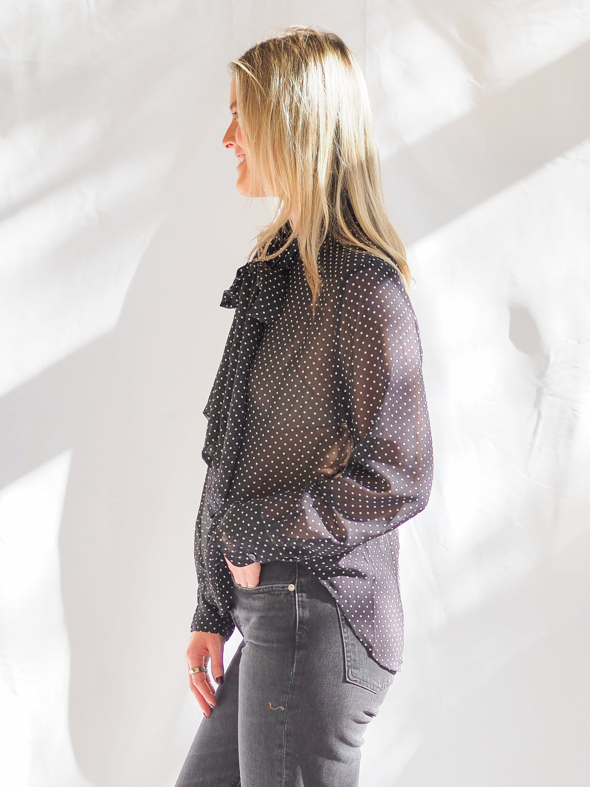 Black Polka Dot Tie Neck Blouse