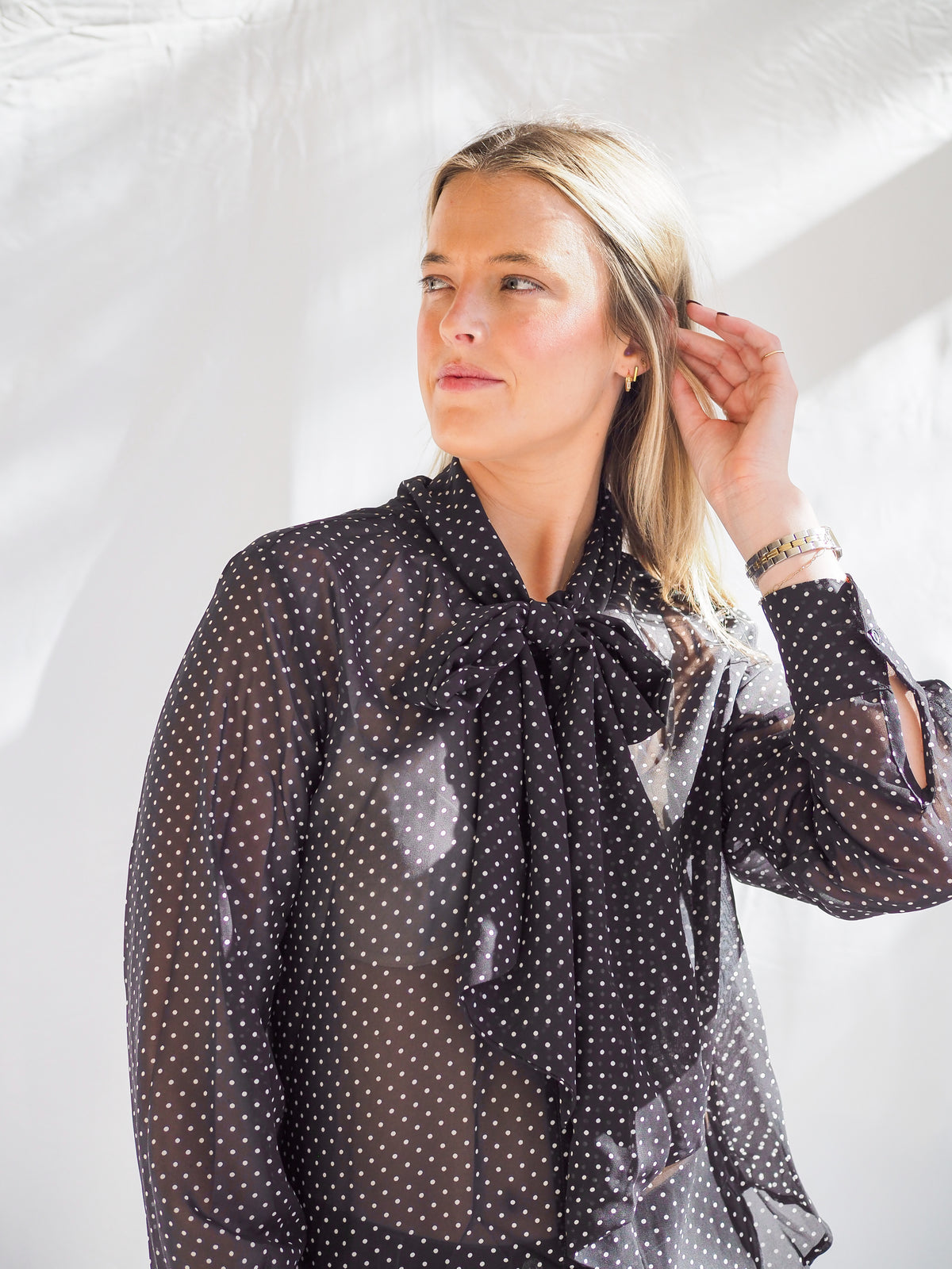 Black Polka Dot Tie Neck Blouse