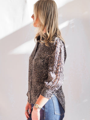 Bella Dahl Bishop Sleeve Button-Up Silver Leopard Blouse