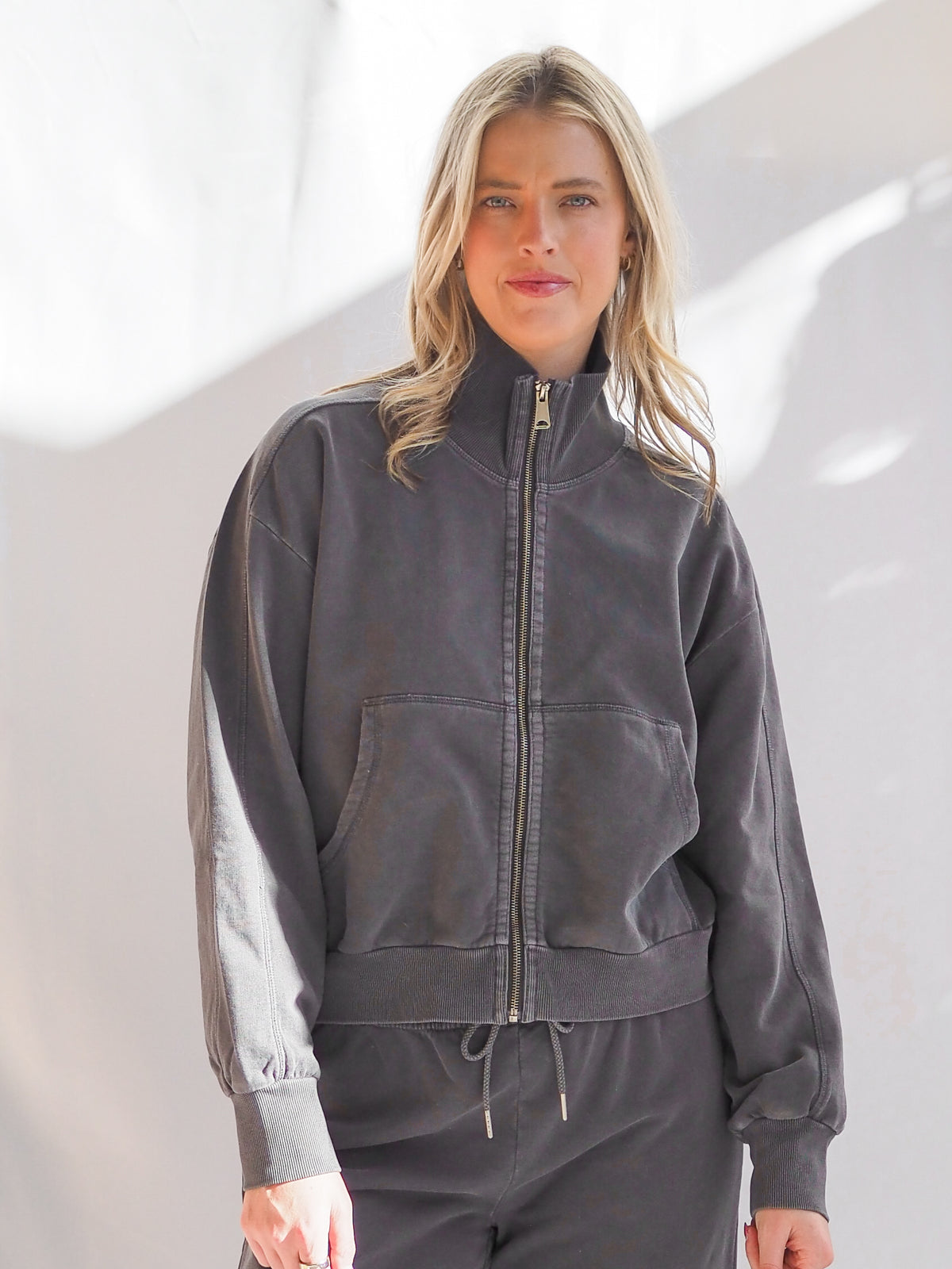 Acid Wash Zipup Sweatshirt Charcoal