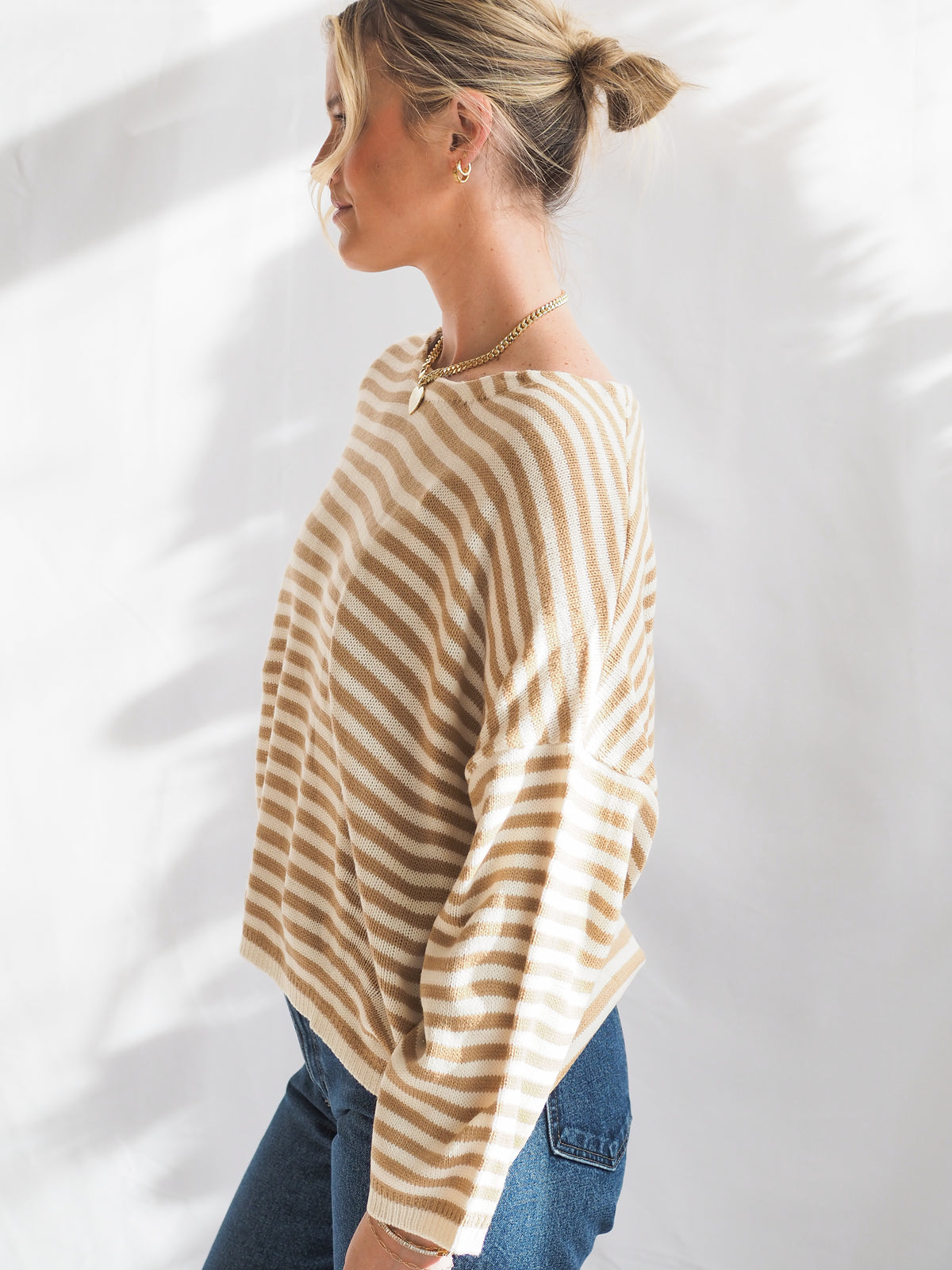 Striped T-Body Sweater in Beige Cream
