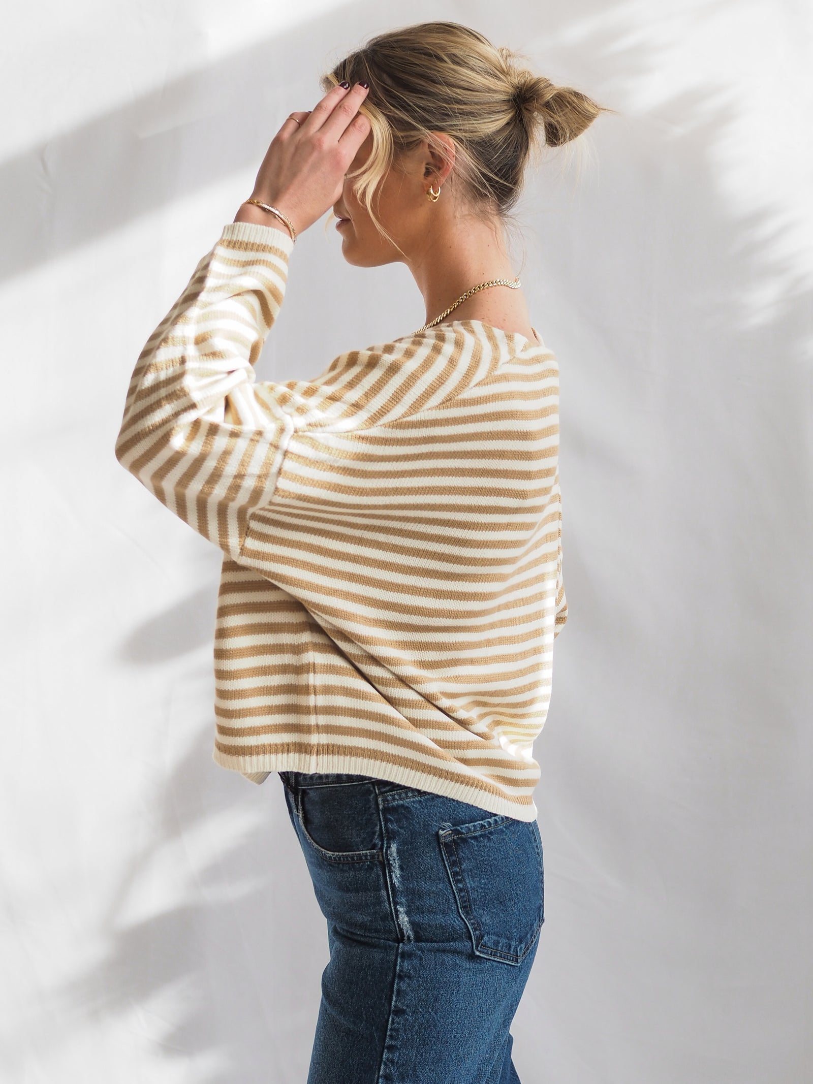 Striped T-Body Sweater in Beige Cream