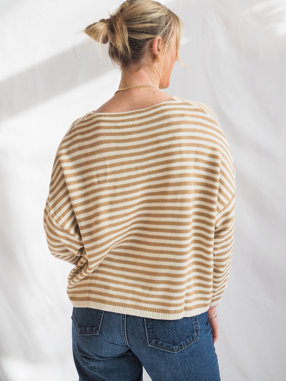 Striped T-Body Sweater in Beige Cream