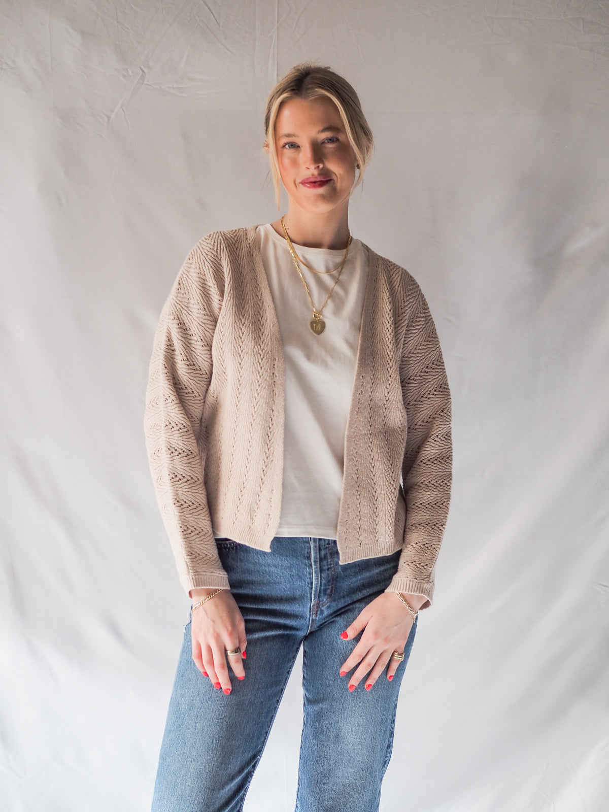Crochet Knit Natural Open Front Cardigan