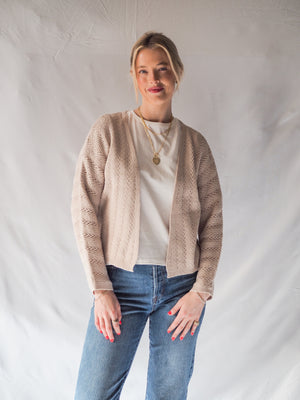 Crochet Knit Natural Open Front Cardigan