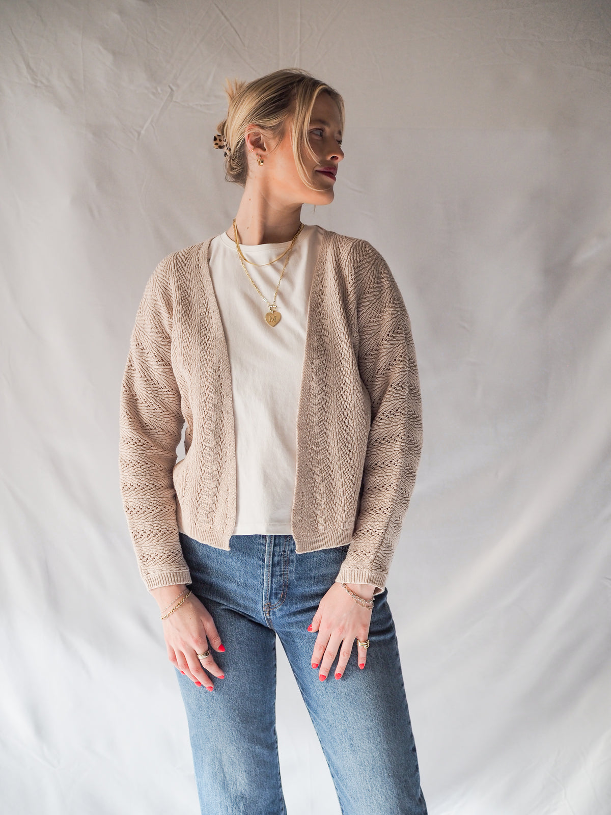 Crochet Knit Natural Open Front Cardigan