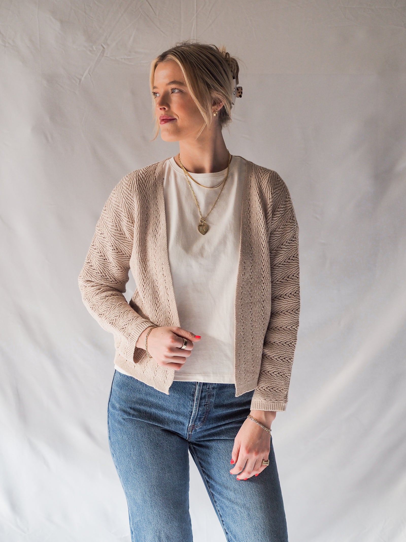 Crochet Knit Natural Open Front Cardigan