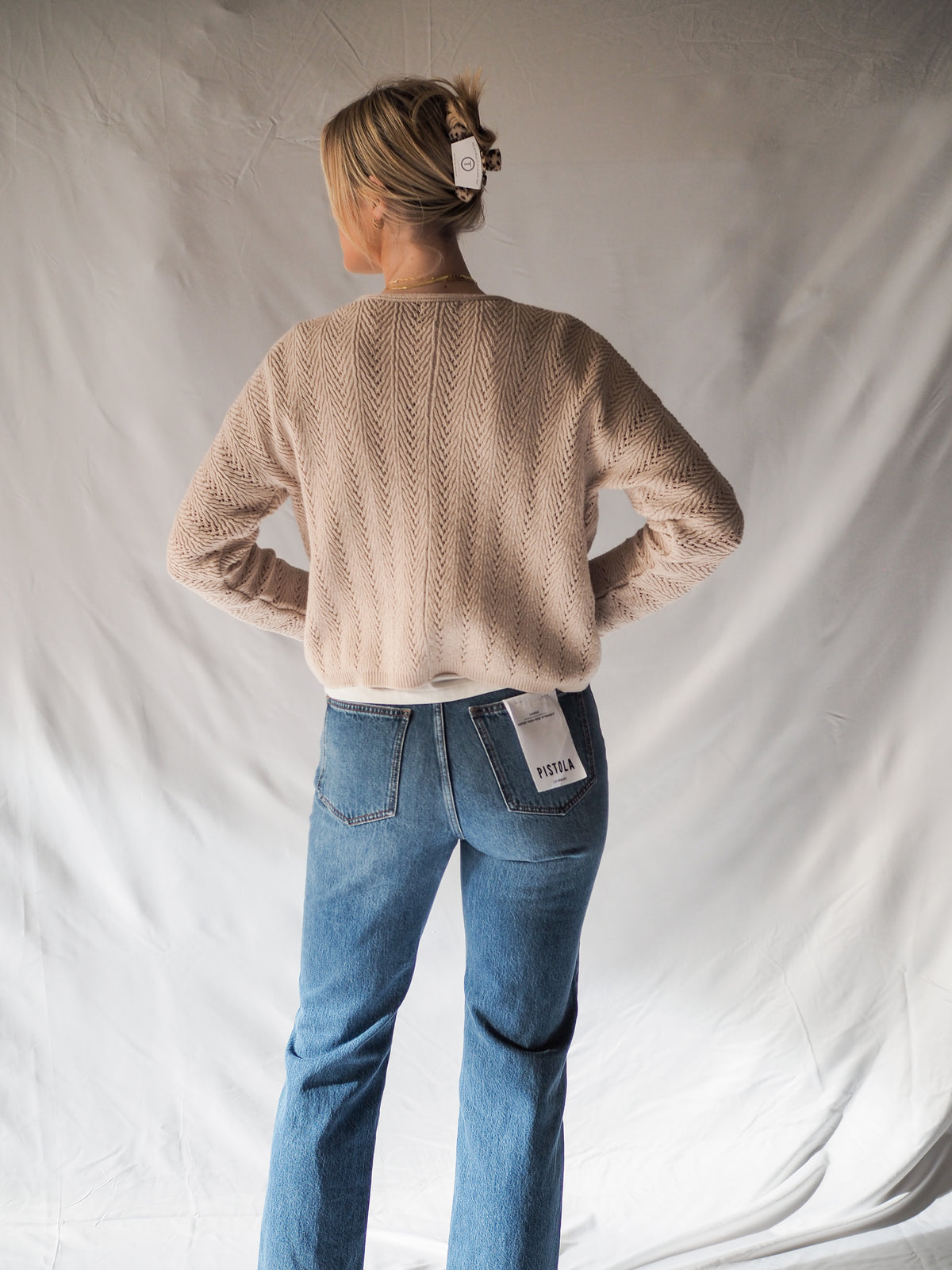 Crochet Knit Natural Open Front Cardigan