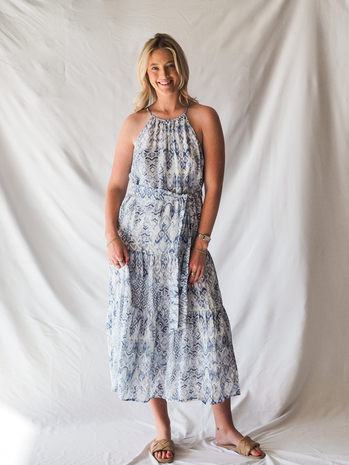 Anthem The Label Textured Halter Blue Midi Dress