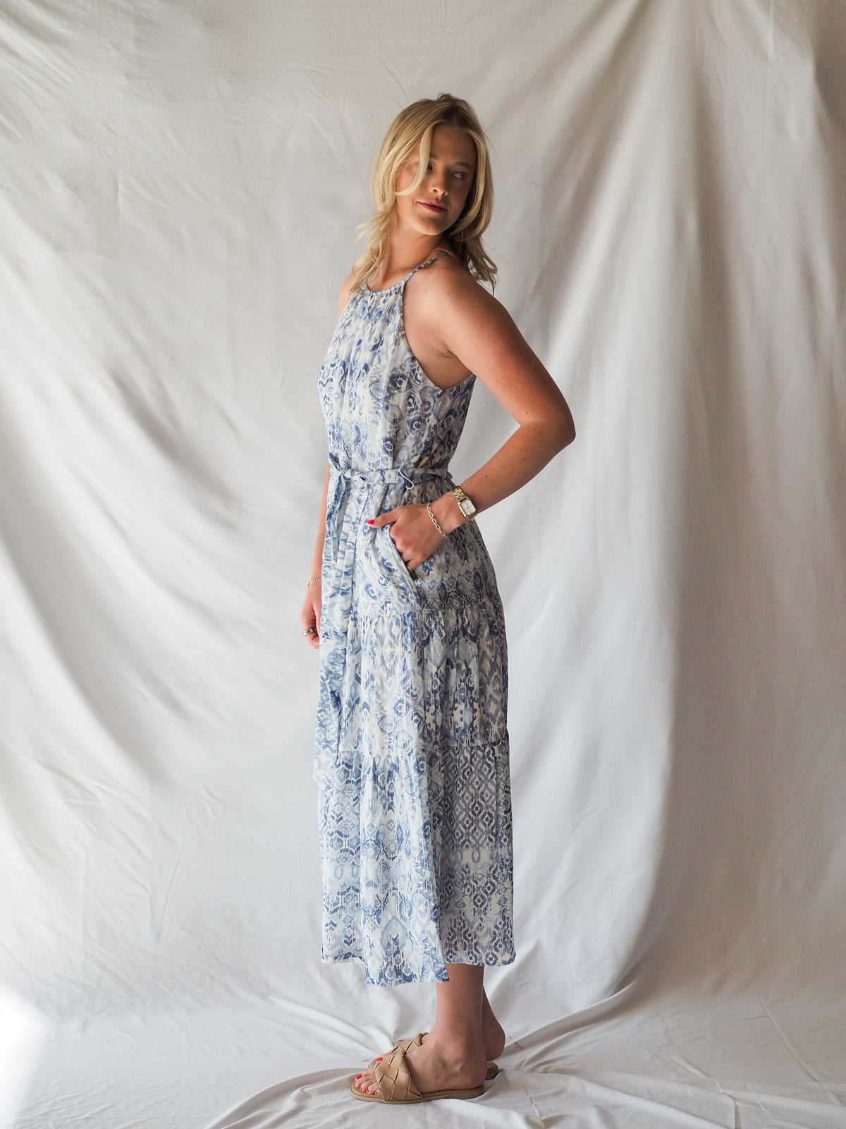 Anthem The Label Textured Halter Blue Midi Dress White / MEDIUM