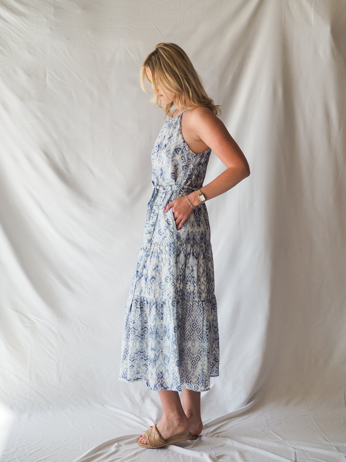Anthem The Label Textured Halter Blue Midi Dress