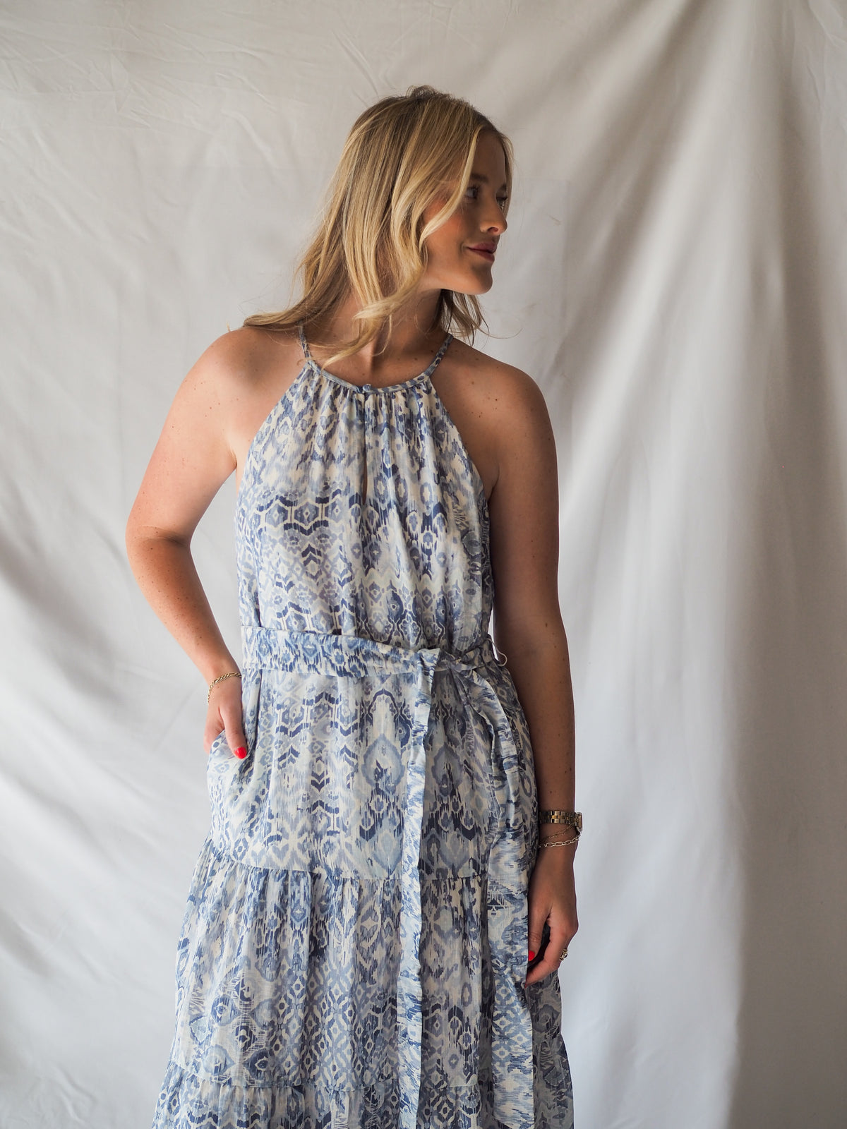 Anthem The Label Textured Halter Blue Midi Dress