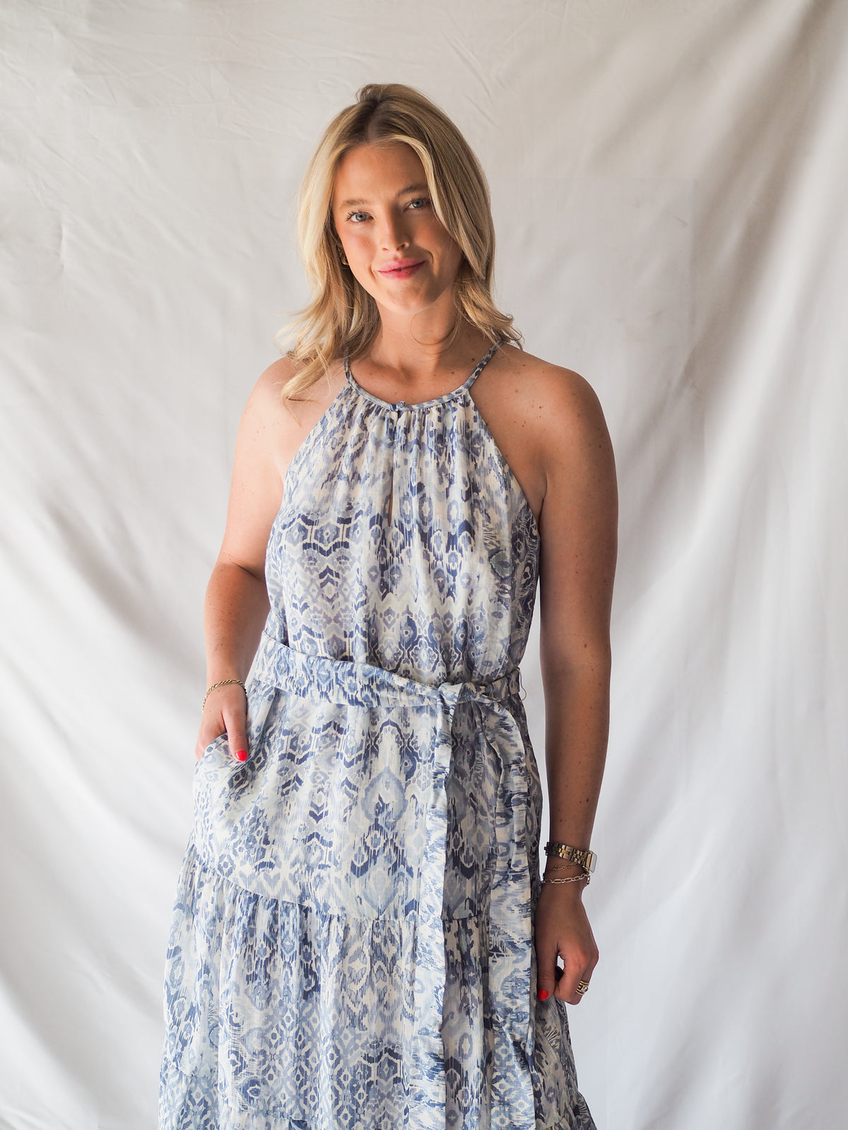 Anthem The Label Textured Halter Blue Midi Dress