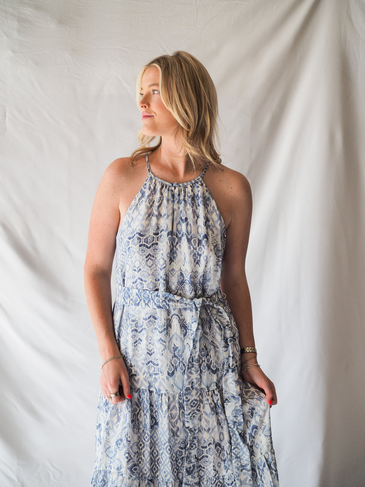 Anthem The Label Textured Halter Blue Midi Dress
