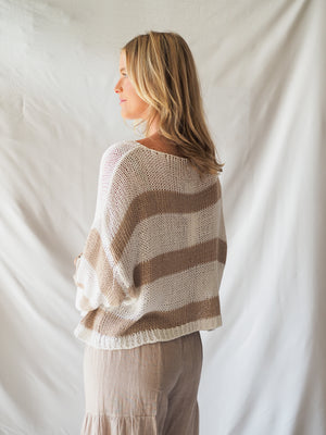 Striped Crew Neck Open Knit Crochet Top