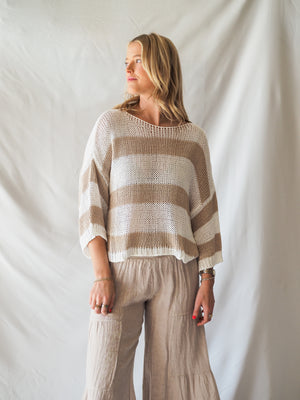 Striped Crew Neck Open Knit Crochet Top