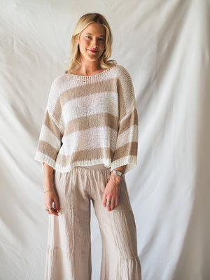 Striped Crew Neck Open Knit Crochet Top